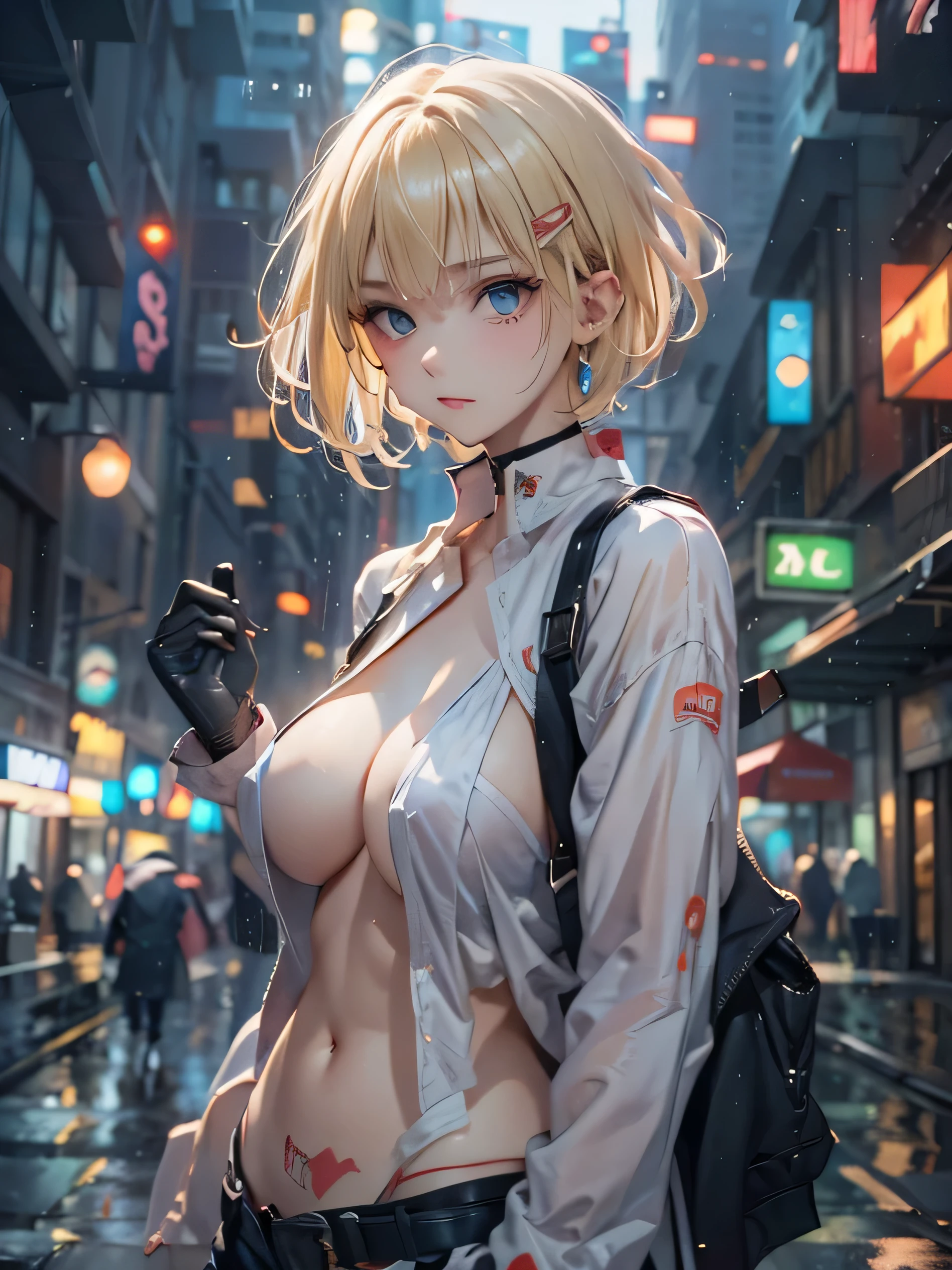 (photorealistic:1.8, highest quality:1.8,8K masterpiece:1.8,High resolution,muste piece:1.8,RAW Photos,cinematic lighting),
cyber punk、Back alley at night in the city、rain-soaked ground、vapor、
 1 girl、Misaka Mikoto、succubus、half coat、Completely naked、light clothing、choker、
(short Hair:1.2,beautiful shining blonde hair:1.5)、shining blue eyes、
Provocative sexy poses、spread your legs、Nonchalant、
（elation：1.4）plump nipples、(cameltoe),No split screen,slender abs:1.2,(Young sensual gravure idol)