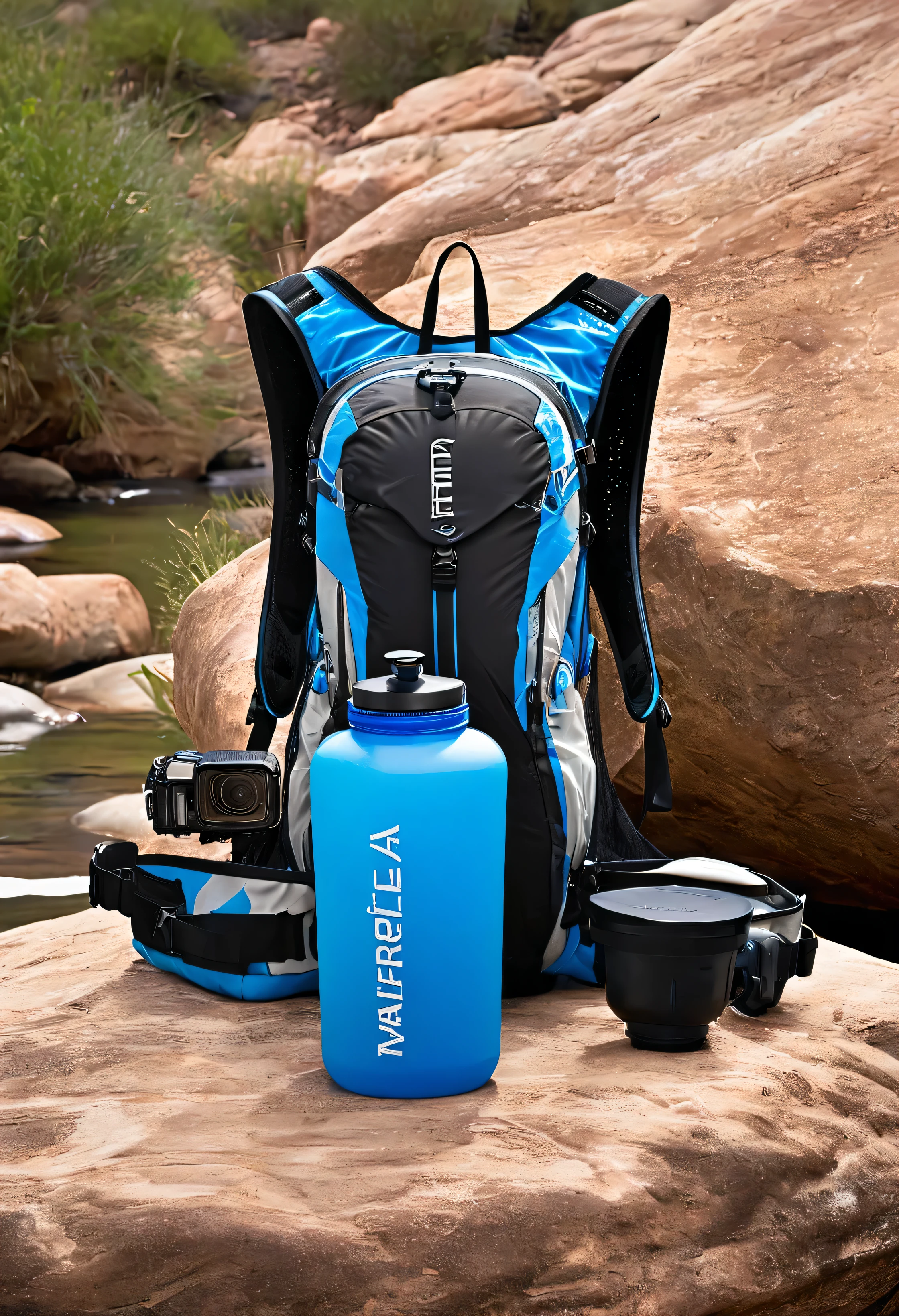 hacer un camelback la marca es PUREWATHER, permite a los entusiastas de lo extremo suministrarse agua de cualquier fuente, Dado que el producto tiene dos filtros purificadores de agua integrados con una capacidad de 2 litros dentro del camelback, el filtro se encuentra dentro de la bolsa camelback y el otro en la magera., a GPS that allows you to find closer water sources and support security