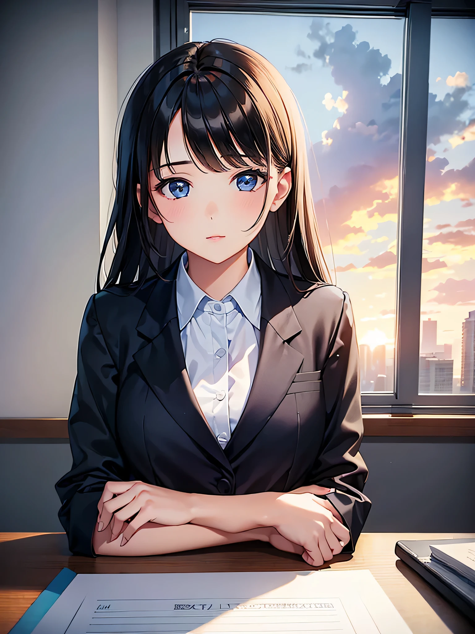 (((1 girl))), masterpiece, highest quality, Super realistic 8kCG, perfect artwork, perfect woman image,office lady,morning,the weather is cloudy,inside the office,a little dark face,cute,Beautiful woman,boss