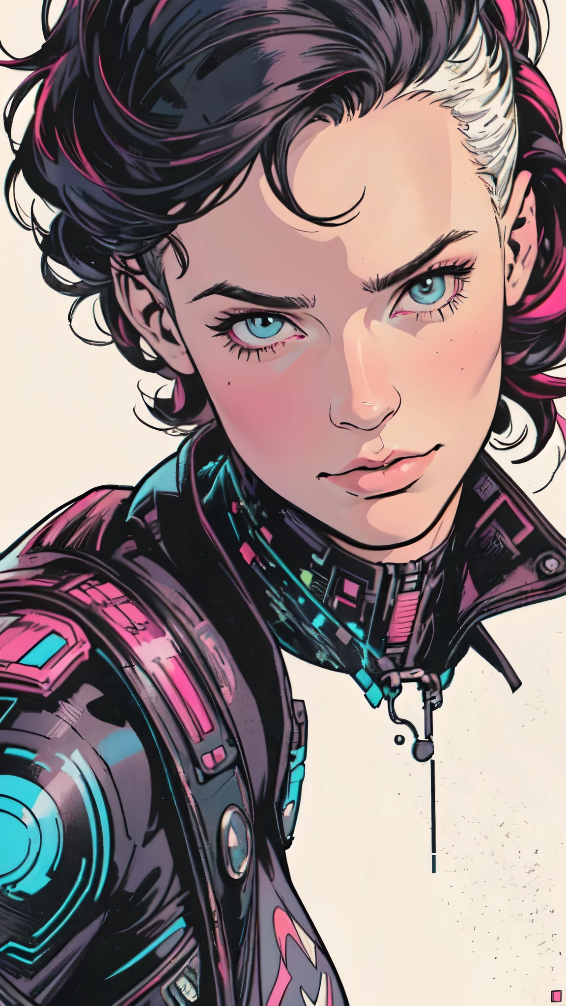 masterpiece,extremely beautiful woman,Excellent sense,(((perfect very white background))),American Comics,(((The Perfect One Woman))),(((one person))),colorful,Highly detailed perfect upper body,highly detailed face,near future,SF,Splatter,cyber punk,synthwave,