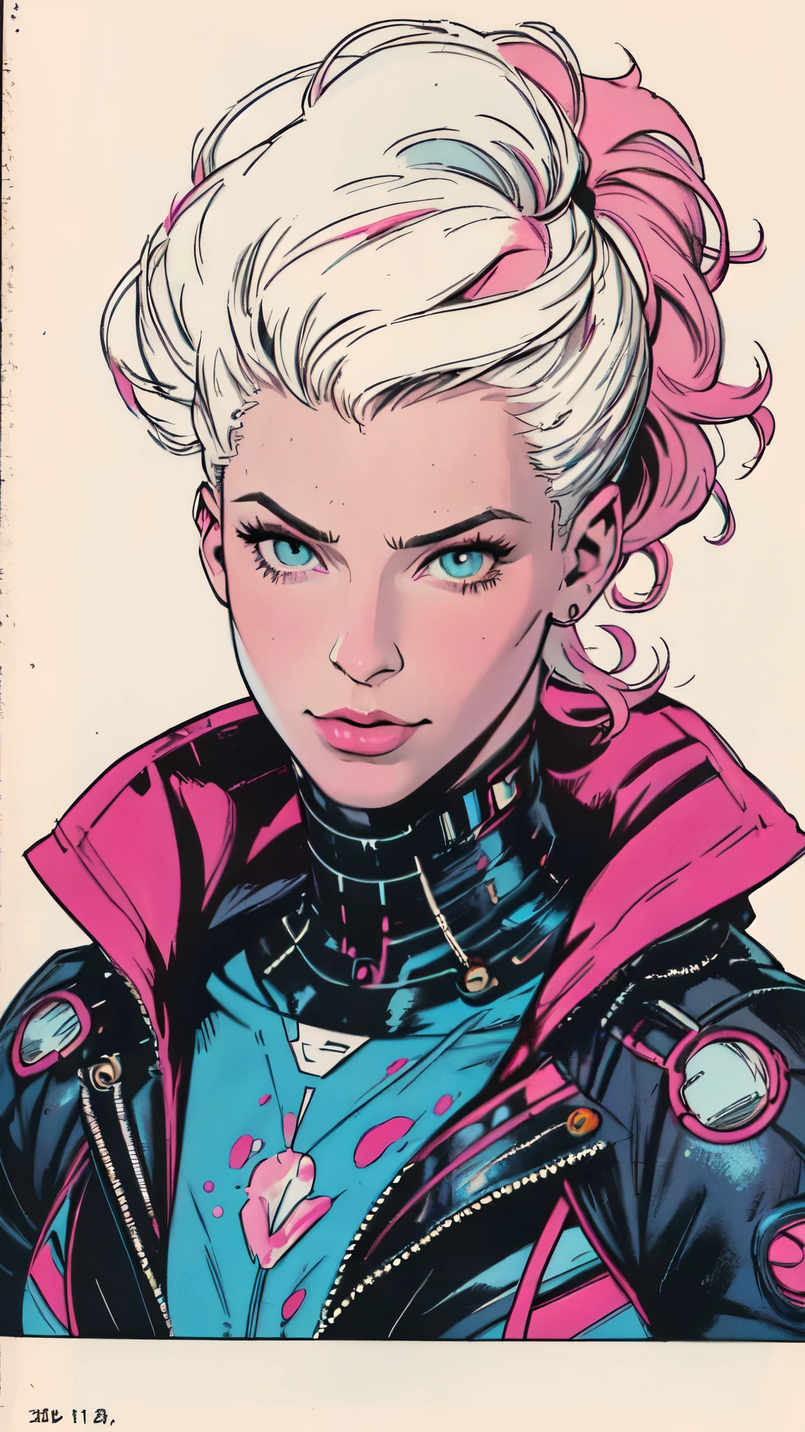 masterpiece,extremely beautiful woman,Excellent sense,cleavage,(((perfect very white background))),American Comics,(((The Perfect One Woman))),speech bubble,strongest,(((one person))),colorful,Rainbow-colored,Highly detailed upper body,breast enhancement,Lines,highly detailed face,cyber punk