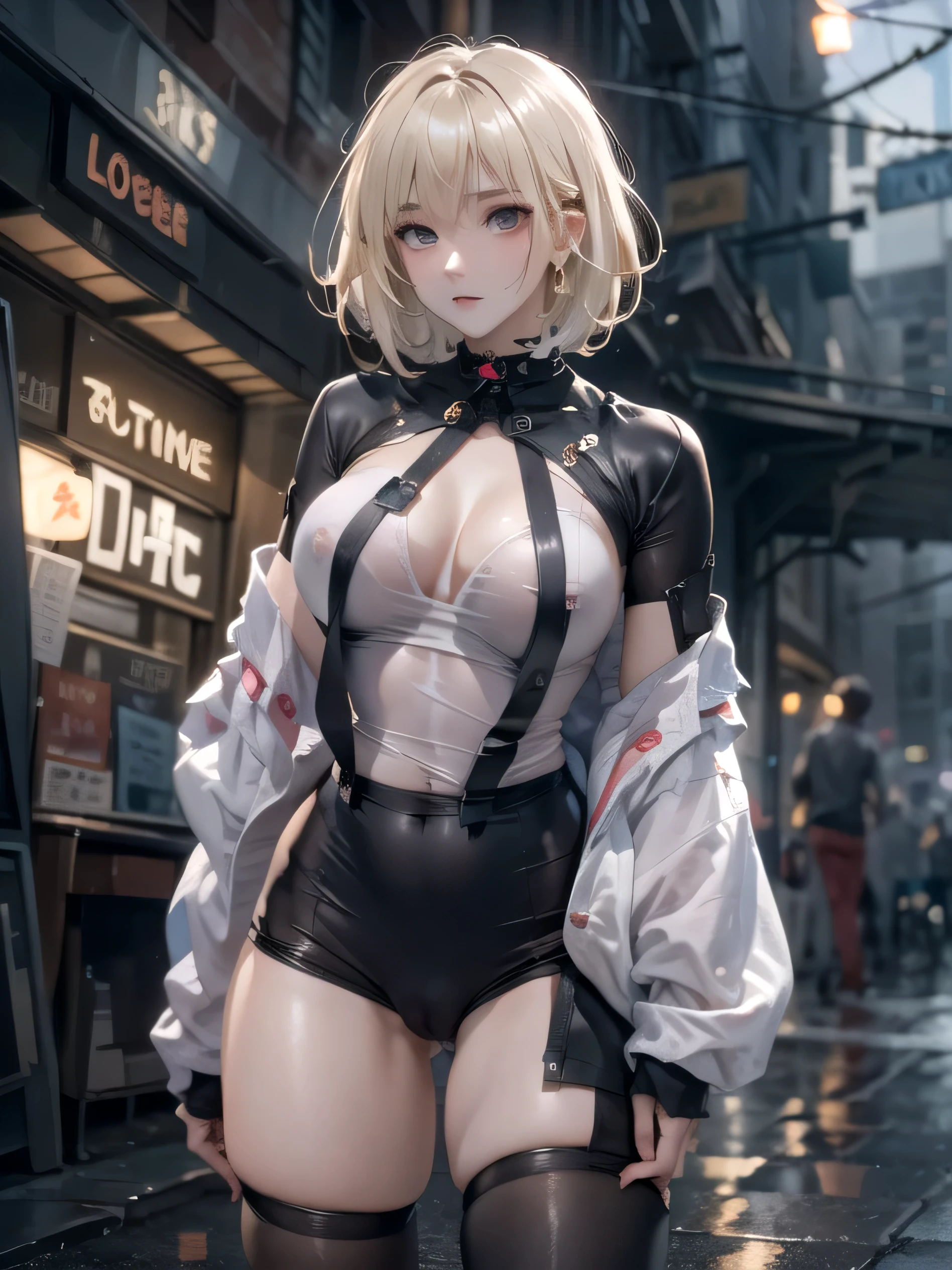 (photorealistic:1.8, highest quality:1.8,8K masterpiece:1.8,High resolution,muste piece:1.8,RAW Photos,cinematic lighting),
cyber punk、Back alley at night in the city、rain-soaked ground、vapor、
(1 android girl:1.3)、Completely naked、shirt、bondage、choker、knee high tights、Nipple piercing、beautiful butt,beautiful thighs,plump nipples,Nipples are visible through the costume、(Misaka Mikoto)(character focus)、
(short Hair:1.2,beautiful shining blonde hair:1.5)、
(elation:1.4)、Contemptuous、
plump nipples、(cameltoe),No split screen,slender abs:1.2,(Young sensual gravure idol)