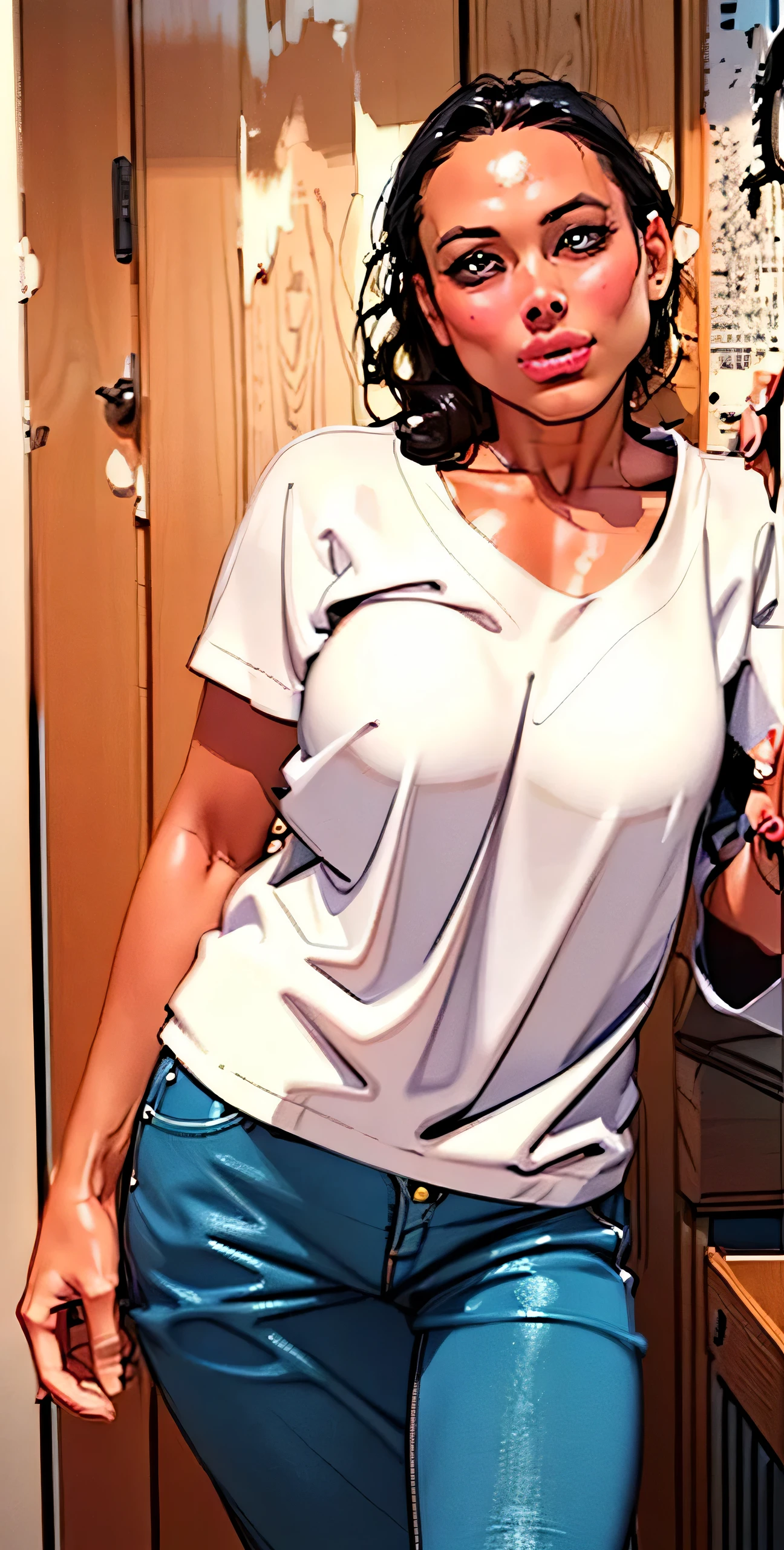 (Mejor calidad,high resolution,realista:1.2),chica sexy,cuerpo completo,rostro bien definido,manos detalladas,Jeans cortos,tapa blanca,Ivana Primo,illustration.