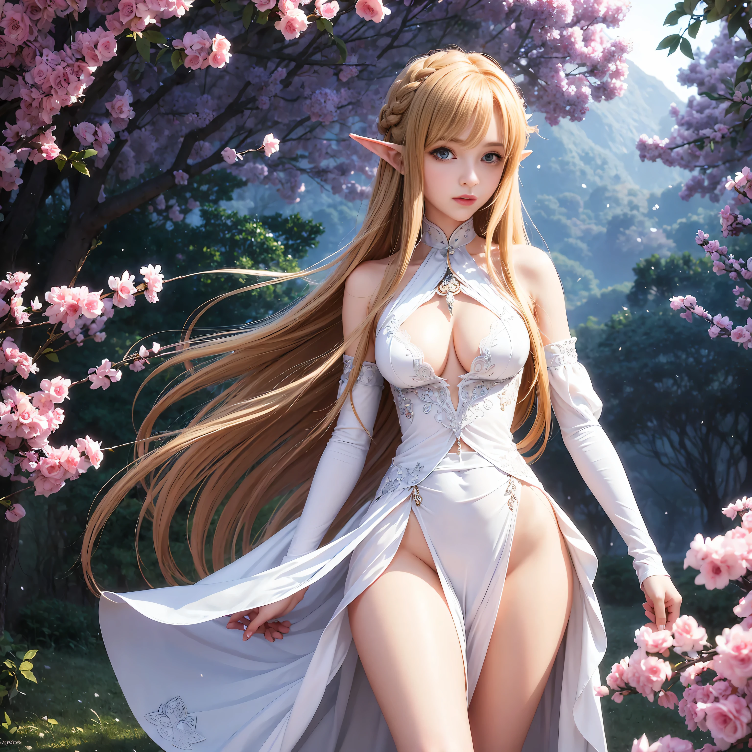 A graceful elf girl stands in a meadow, her delicate features illuminated by the soft light of the setting sun. Her long, flowing hair cascades down her back, adorned with intricate braids and adorned with sparkling jewels. This stunning painting captures the ethereal beauty of elves. Her slender figure in a silk dress sways in the soft meadow breeze. The artist's attention to detail is evident in the intricate patterns of her dress and the subtle highlights of her luminescence. skin. This breathtaking depiction of an elf girl exudes a sense of enchantment and transports the viewer to a magical world. The beautiful elf magician is awe-inspiring as she holds a magician's staff, uses fireball magic, and is about to defeat the Demon King with explosion magic., If you pull up your skirt, you can see your see-through panties and it will be embarrassing., (A superb exquisite Asuna Yuuki),(Asuna Yuuki:1.5), long hair, brown hair, streaked hair, brown eyes, star-shaped pupils, straight bangs, solo, nature, extremely delicate, straight facial features, peerless beautiful girl, soft, (sensual face), ((ecchi face)), dreamy quality, exaggerated facial features, solid color, frank holly, delicate face, bright lips, slender waist, soft curves, real light and shadow, super fine, 4k, natural moving, Ultra high resolution, (masterpiece:1.2, best quality), (finely detailed beautiful eyes: 1.2), (beautiful detailed face), detailed anime artwork, clean detailed anime art, detailed digital anime art, detailed anime art, beautiful anime portrait, beautiful anime girl, beautiful anime artwork, beautiful anime art, beautiful anime style, detailed portrait of anime girl, anime girl, beautiful anime, anime illustration,Medium chest, slender body,unparalleled beauty sexy and very beautiful face、Super long silky shiny blonde hair、long swaying bangs、Sexy 、beautiful cute pearl eyes beautiful girl、Silky skin、Very big blue eyes, see-through brassiere and panties,