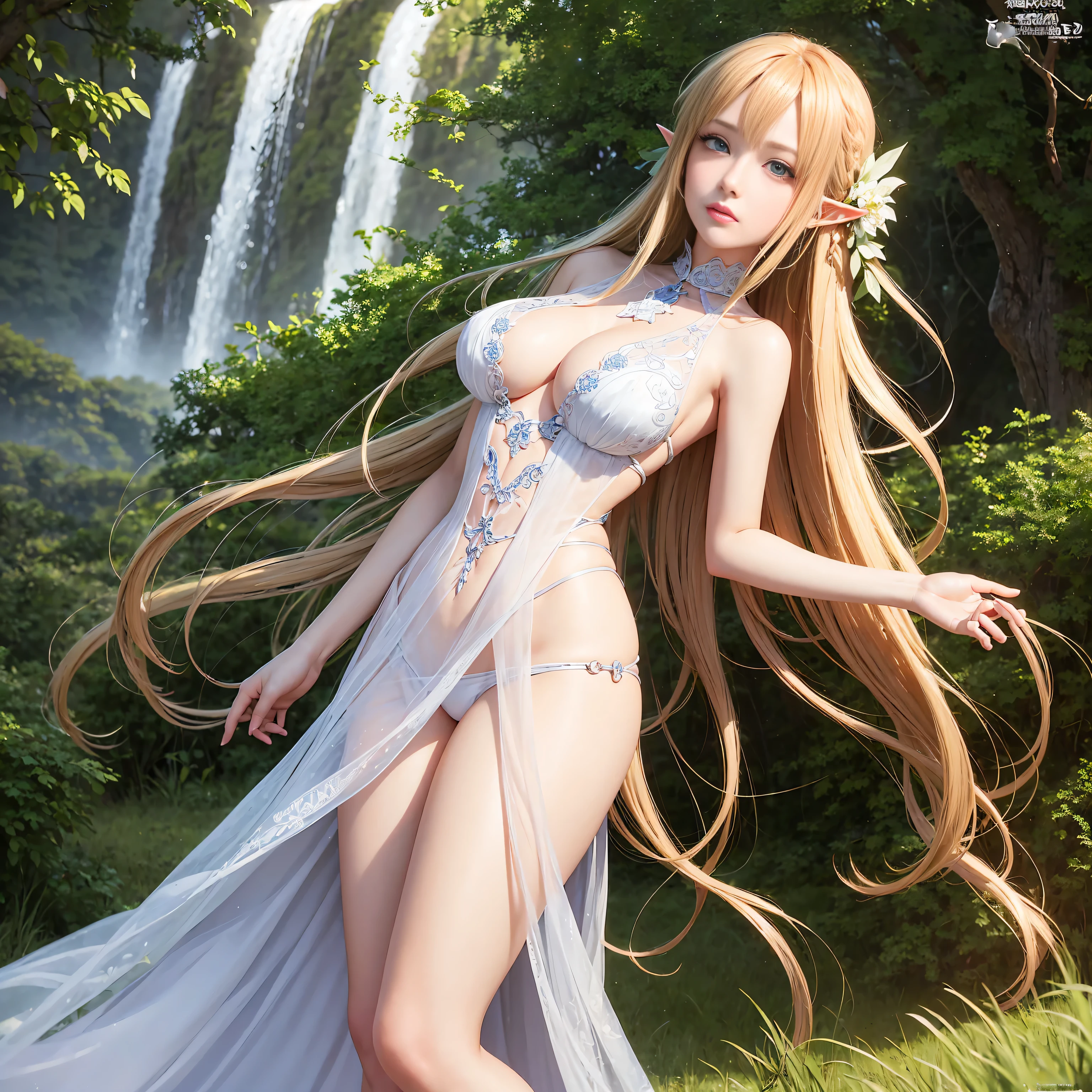 A graceful elf girl stands in a meadow, her delicate features illuminated by the soft light of the setting sun. Her long, flowing hair cascades down her back, adorned with intricate braids and adorned with sparkling jewels. This stunning painting captures the ethereal beauty of elves. Her slender figure in a silk dress sways in the soft meadow breeze. The artist's attention to detail is evident in the intricate patterns of her dress and the subtle highlights of her luminescence. skin. This breathtaking depiction of an elf girl exudes a sense of enchantment and transports the viewer to a magical world. The beautiful elf magician is awe-inspiring as she holds a magician's staff, uses fireball magic, and is about to defeat the Demon King with explosion magic., If you pull up your skirt, you can see your see-through panties and it will be embarrassing., (A superb exquisite Asuna Yuuki),(Asuna Yuuki:1.5), long hair, brown hair, streaked hair, brown eyes, star-shaped pupils, straight bangs, solo, nature, extremely delicate, straight facial features, peerless beautiful girl, soft, (sensual face), ((ecchi face)), dreamy quality, exaggerated facial features, solid color, frank holly, delicate face, bright lips, slender waist, soft curves, real light and shadow, super fine, 4k, natural moving, Ultra high resolution, (masterpiece:1.2, best quality), (finely detailed beautiful eyes: 1.2), (beautiful detailed face), detailed anime artwork, clean detailed anime art, detailed digital anime art, detailed anime art, beautiful anime portrait, beautiful anime girl, beautiful anime artwork, beautiful anime art, beautiful anime style, detailed portrait of anime girl, anime girl, beautiful anime, anime illustration,Medium chest, slender body,unparalleled beauty sexy and very beautiful face、Super long silky shiny blonde hair、long swaying bangs、Sexy 、beautiful cute pearl eyes beautiful girl、Silky skin、Very big blue eyes, see-through brassiere and panties,