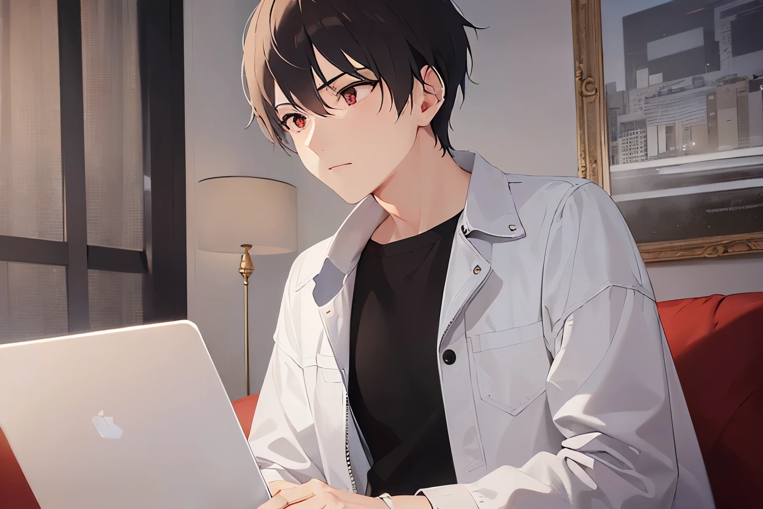 (looking away:1.5), (night, dark:1.2), masterpiece、highest quality、(25 year old male:1.5) and (brown short hair) and (red eyes), wearing a plain white T-shirt、sitting、No expression、The background is the living room、(Alone:1.5)、Upper body is shown、computer