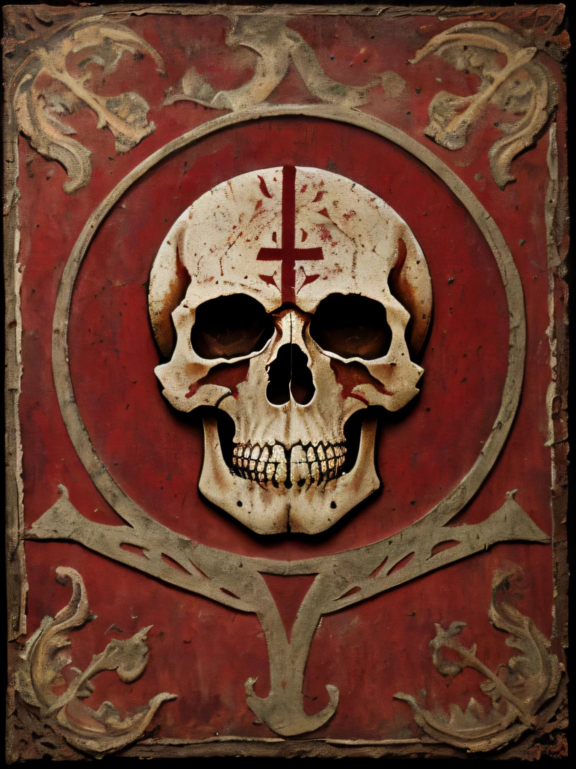 ancient symbol, escuro, perdido, Roman Empire, Logo, Rustic Painting, Arte Romana, Secret Organization, badge, Cores avermelhadas e escuras, Roman imperial symbols, Roman symbols of strength, 2d illustration, Pintura em papel velho, Textura desgastada, 8k, detalhes intrincados, textura vintage, alta qualidade, Luz natural, Skulls and weapons of the empire,