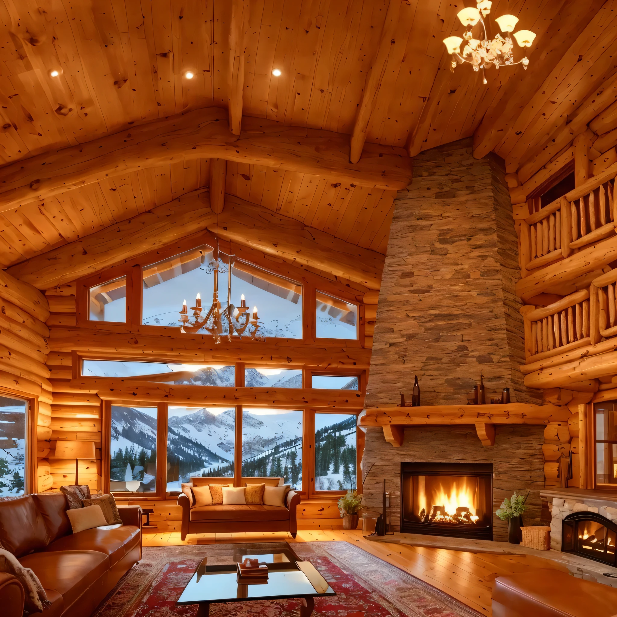 a romantic living room in a luxury cabin in the woods, unique extra large windows looking at a stunning mirror lake, and a huge fireplace surrounded by stone, brown leather furniture, warm furry blankets, cozy, warm, sleepy, beautiful, spectacular, high in the alps 