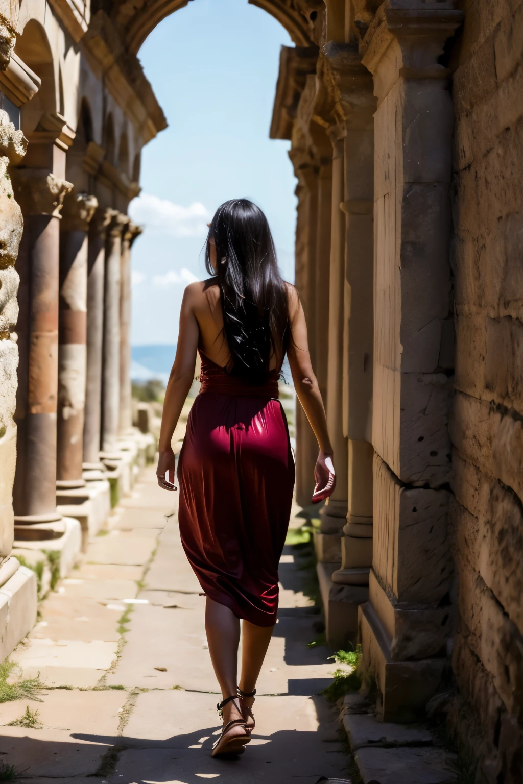 ((best quality)), ((masterpiece)), (detailed), perfect face, 1girl, solo, elegant woman, tall woman, black hair, long wavy hair, red toga, leather roman sandals, walking away from camera, walking through ancient ruins, photographed from behind, her face cannot be seen, long shot, wide shot, full shot.