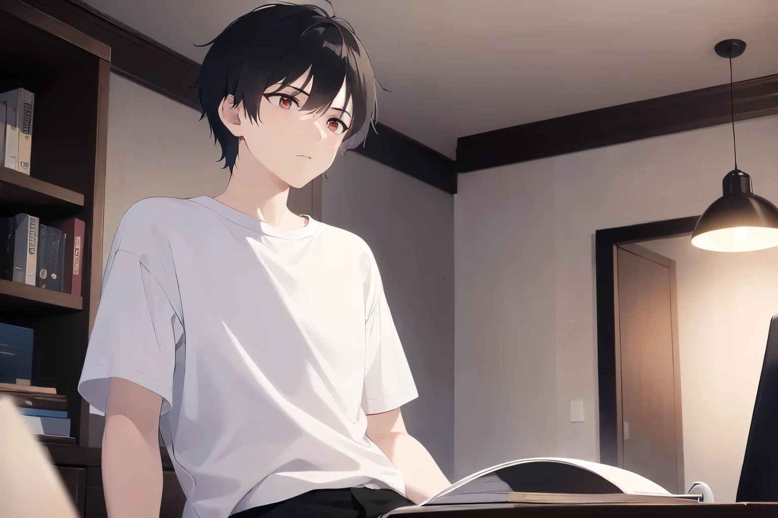 (looking away:1.5), (night, dark:1.2), masterpiece、highest quality、(25 year old male:1.5) and (brown short hair) and (red eyes), wearing a plain white T-shirt、sitting、No expression、The background is the living room、illumination、(Alone:1.5)、Upper body is shown、computer