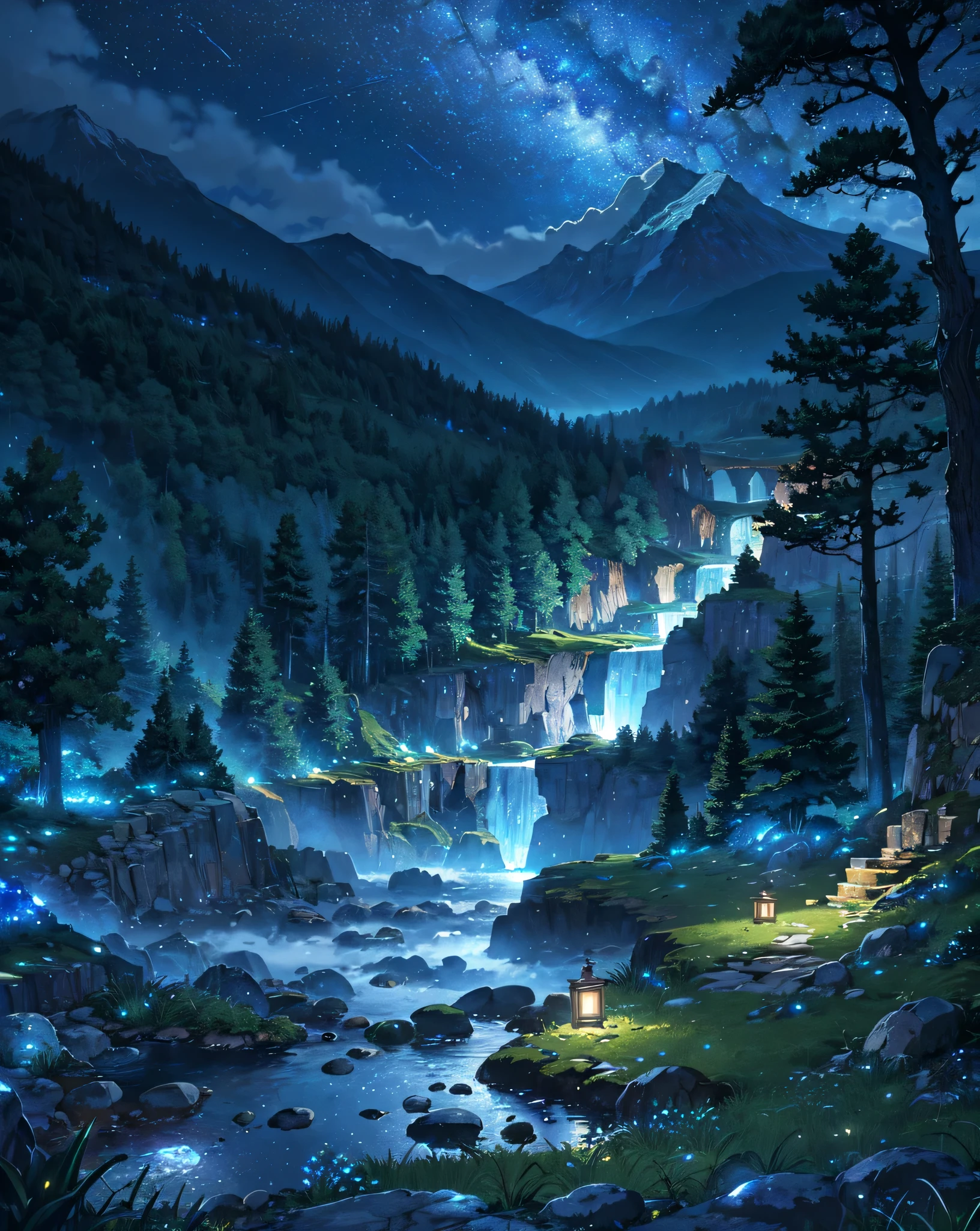 steppa, rock fountain, stars, night, clouds, fantasy, lantern, woods, trees, tall grass, mountain, landscape, high quality, (masterpiece 1.0)