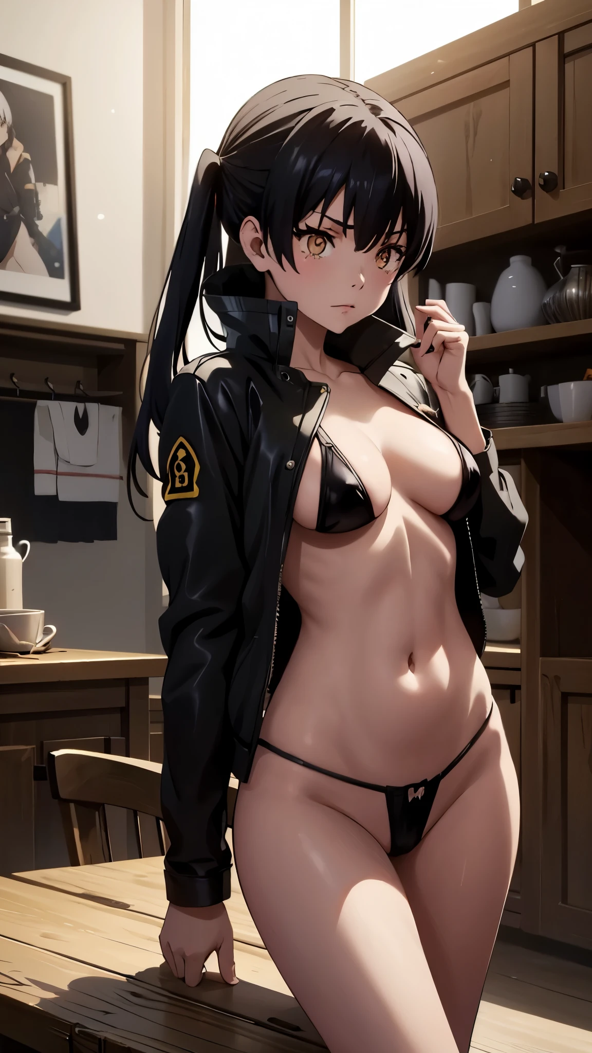 Tamaki Kotatsu from Fire Force, a cute girl with a model-like appearance, aged -19. She has a slender figure with long legs and exhibits graceful cat-like movements. She is dressed in a micro bikini and a black leather jacket. She strikes a seductive pose. (best quality, highres:1.2), ultra-detailed, realistic:1.37, HDR, studio lighting, vivid colors, bokeh, portraits, sexy color tones, soft and warm light.