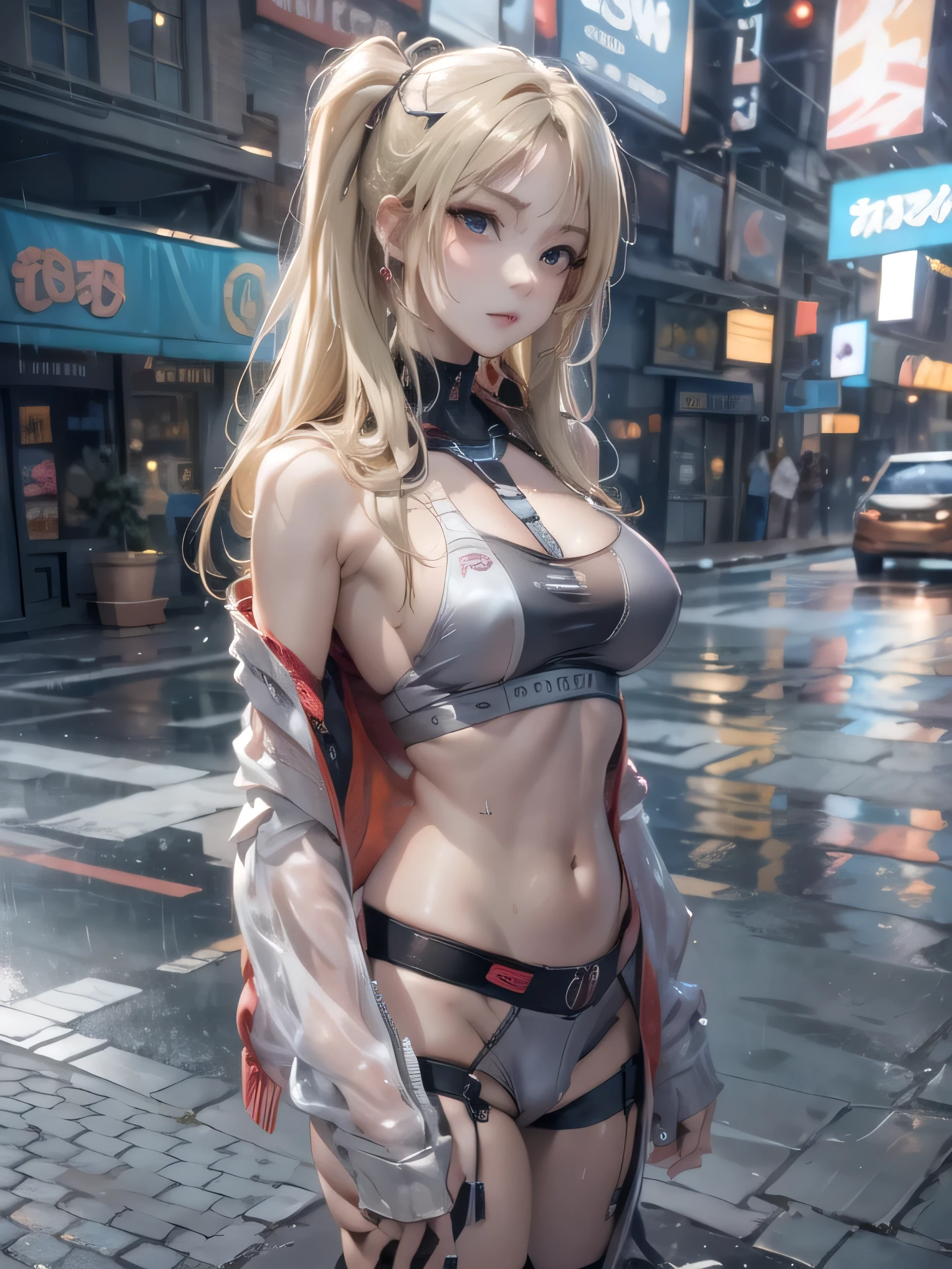 (photorealistic:1.8, highest quality:1.8,8K masterpiece:1.8,High resolution,muste piece:1.8,RAW Photos,cinematic lighting),
cyber punk、Back alley at night in the city、rain-soaked ground、vapor、
 (1 android girl:1.3)、Completely naked、shirt、bondage、choker、knee high tights、Nipple piercing、beautiful butt,beautiful thighs,plump nipples,Nipples are visible through the costume、(Soryu Asuka Langley)(character focus)、(back view、back pose:1.3)、
(midium Hair:1.2,beautiful shining blonde hair:1.5)、
（elation：1.4）、Disdainful、
plump nipples、(cameltoe),No split screen,slender abs:1.2,(Young sensual gravure idol)