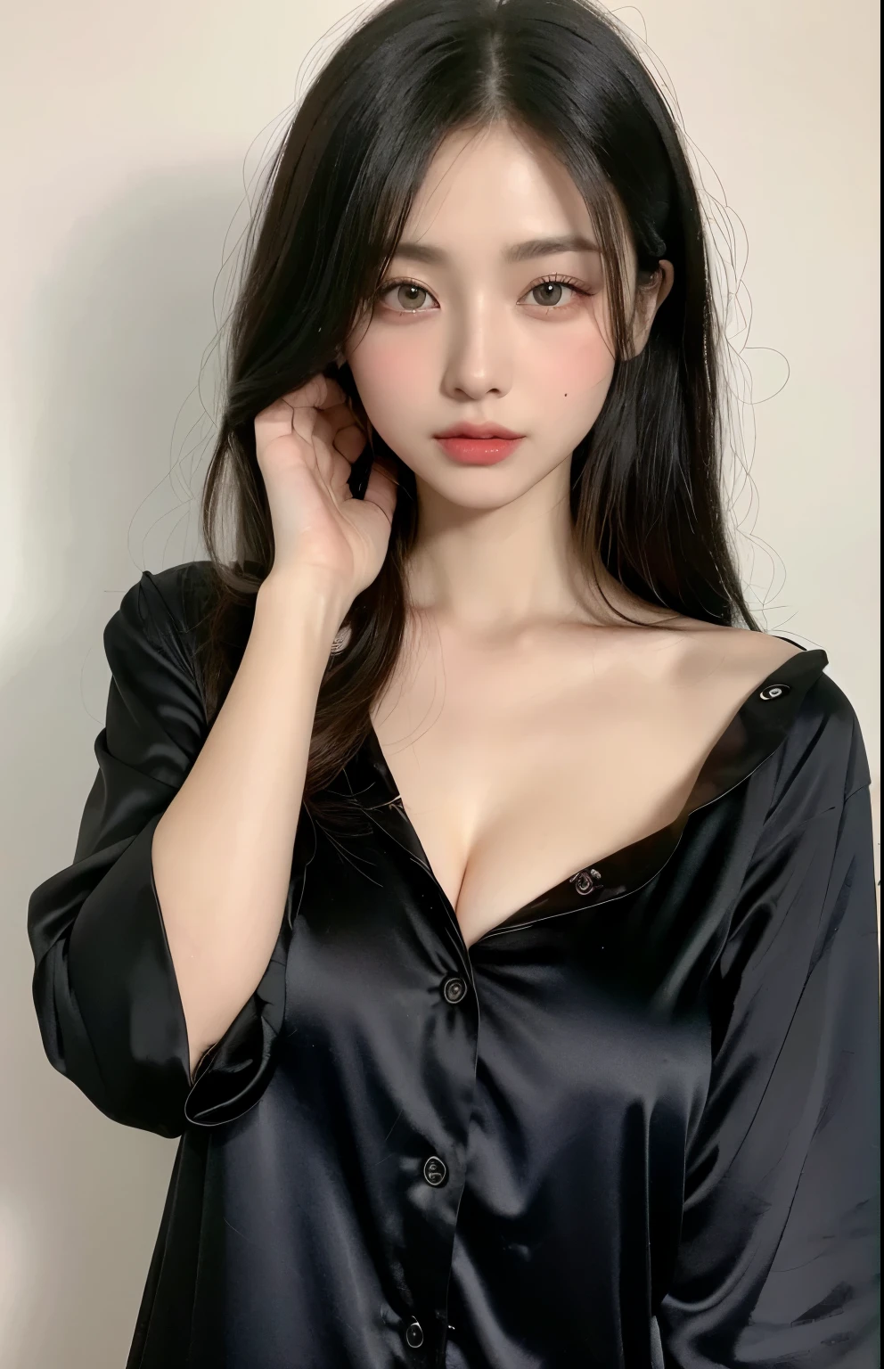 A slim girl, The face shape and eyes are super delicate,black hair,red glossy lips,(beautiful face), (best quality), (Super detailed), (Extremely detailed CG unified 8K wallpaper),((sexy pajamas)),(White background),(A little cleavage),(Model photo),sexy look,big eyes,(standing),(Slim waistline),Eyes look at the audience,soft breasts,very realistic breasts,Character centered,White skin,(small breasts),layered hairstyle,Beautiful woman with perfect body