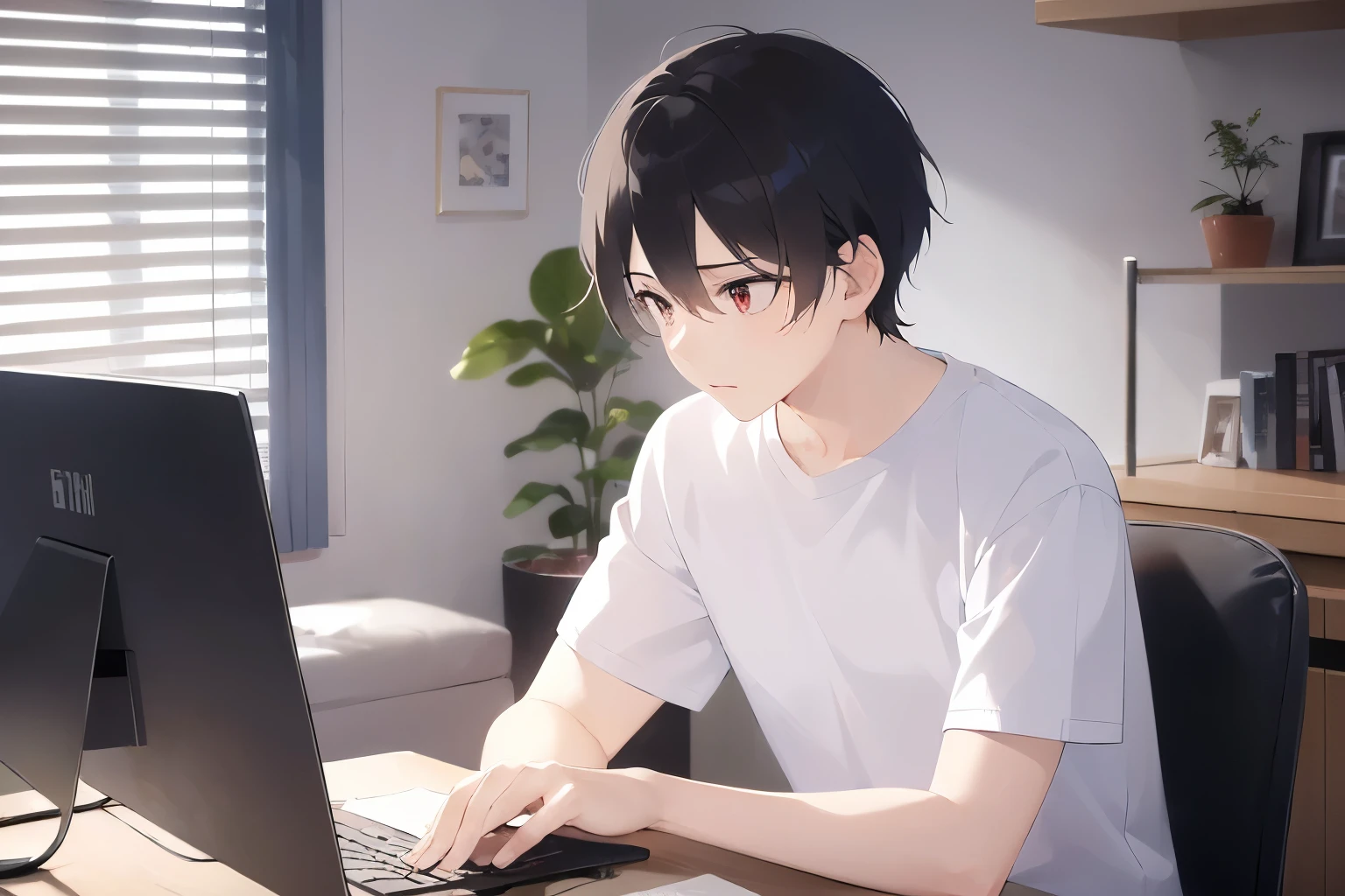 (looking away:1.5), (night, dark:1.2), masterpiece、highest quality、(25 year old male:1.5) and (brown short hair) and (red eyes), wearing a plain white T-shirt、No expression、The background is the living room、illumination、(Alone:1.5)、Upper body is shown、operating a computer