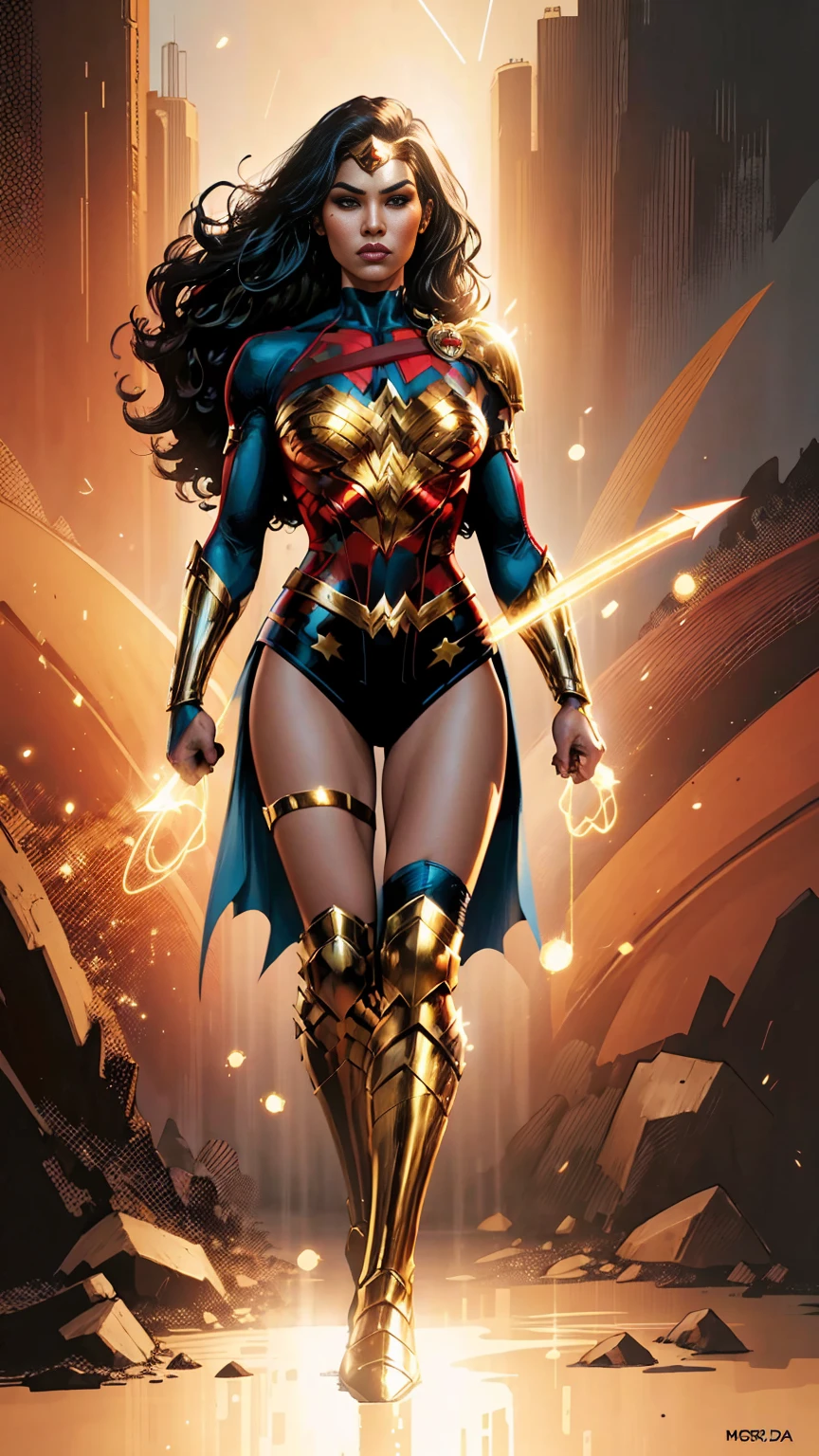 ((full body photo, standing, feet on the ground)) (Suyane Moreira :1.1)a woman Yara Flor in a costume with a sword and armor, new costume concept design, wonder woman, female superhero proportions, gal gadot as hell lord, dc comics art style, full body concept, dc vs marvel fashion, dc marvel fashion, comic book art style, full body illustration, beyonce as wonder woman, dressed as wonder woman, portrait of modern darna
.

