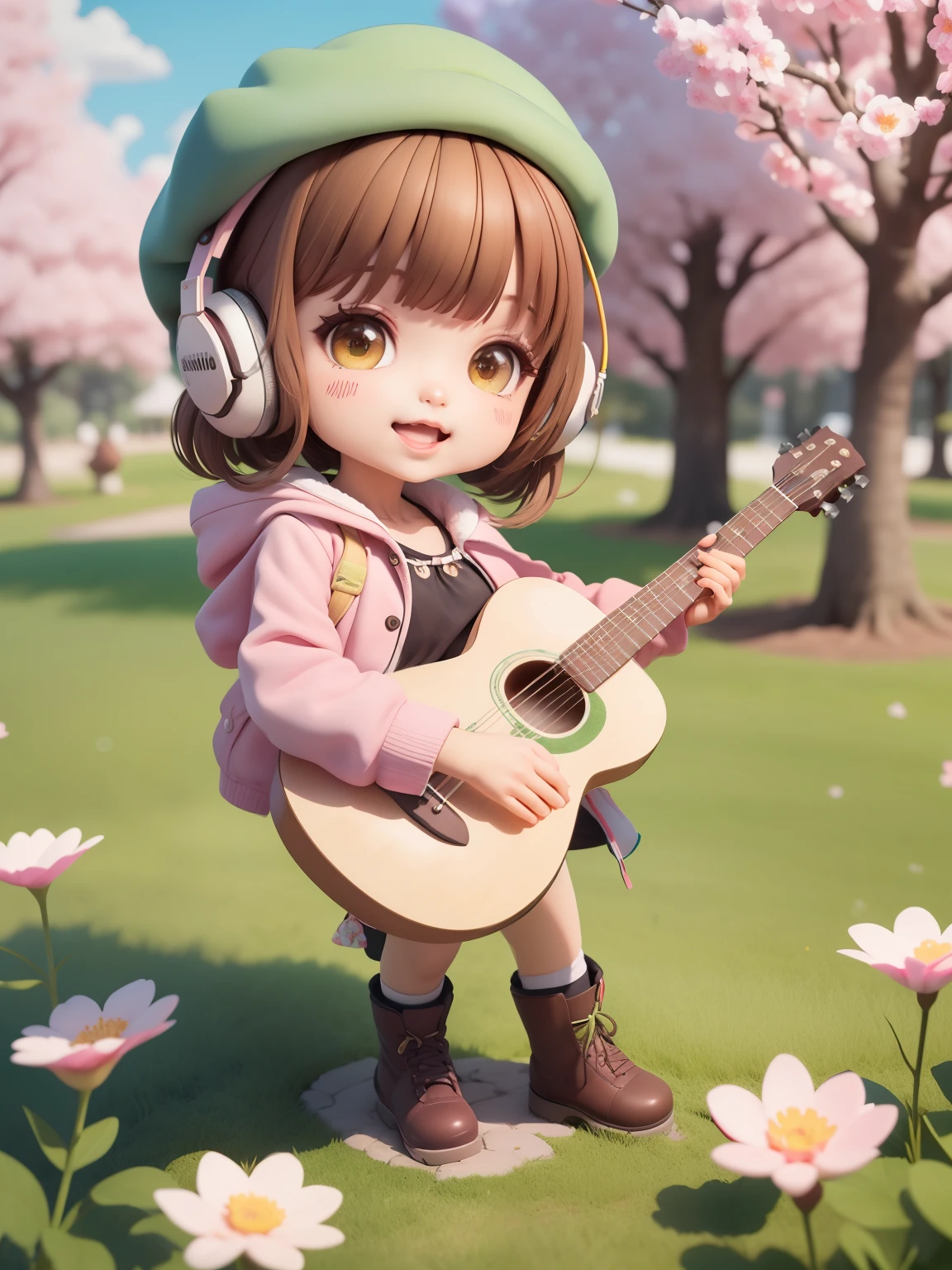 (obra maestra), (mejor calidad), (ultra-detallado), (cuerpo completo: 1.2), 1 girl, chibi, linda, sonrisa, boca abierta, flor, al aire libre, tocando la guitarra, music, boina, sosteniendo la guitarra, chaqueta, rubor , tree, :3, camisa, cabello corto, flores de cerezo, gorro verde, borroso, Brown hair, pegatinas de rubor, mangas largas, flequillo, auriculares, cabello negro, flor rosa, (cara hermosa y detallada), (ojos hermosos y detallados),