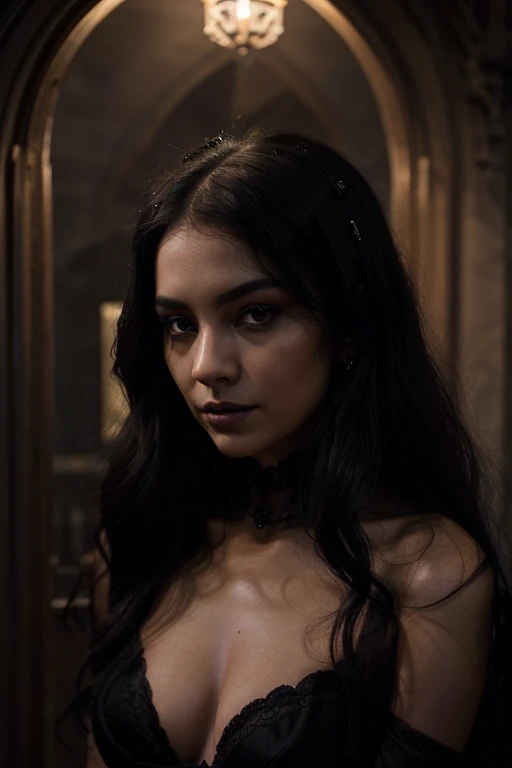 In the dimly lit chamber of a Gothic mansion, she emerges like a shadowy specter from the darkness, commanding attention with her enigmatic allure. Her ebony locks fall in sleek, obsidian waves, framing her porcelain complexion like a veil of midnight. Each strand seems to hold a secret, whispering tales of mystery and intrigue.

Her features, chiseled and elegant, possess a haunting beauty that transcends conventional norms. Dark, kohl-rimmed eyes, the color of smoldering embers, pierce through the gloom with an intensity that captivates and enthralls. They hold within them depths of emotion, from sorrowful longing to defiant rebellion, adding layers to her enigmatic persona.

Her lips, painted in shades of deep crimson or midnight black, curve into a mysterious smirk, hinting at secrets untold. A delicate smattering of silver piercings adorns her features, glinting faintly in the subdued light, adding a touch of edge to her ethereal presence.

Draped in flowing garments of velvet and lace, she moves with a graceful, almost otherworldly elegance. Each step is imbued with a sense of purpose, as if she treads the line between the realms of the living and the dead.

Despite her dark exterior, there is a magnetic allure to her presence, a raw sensuality that defies explanation. She is the embodiment of the shadows, a dark muse whose beauty transcends the boundaries of time and space. In her, there is both beauty and danger, a potent combination that leaves those who encounter her spellbound and entranced.

