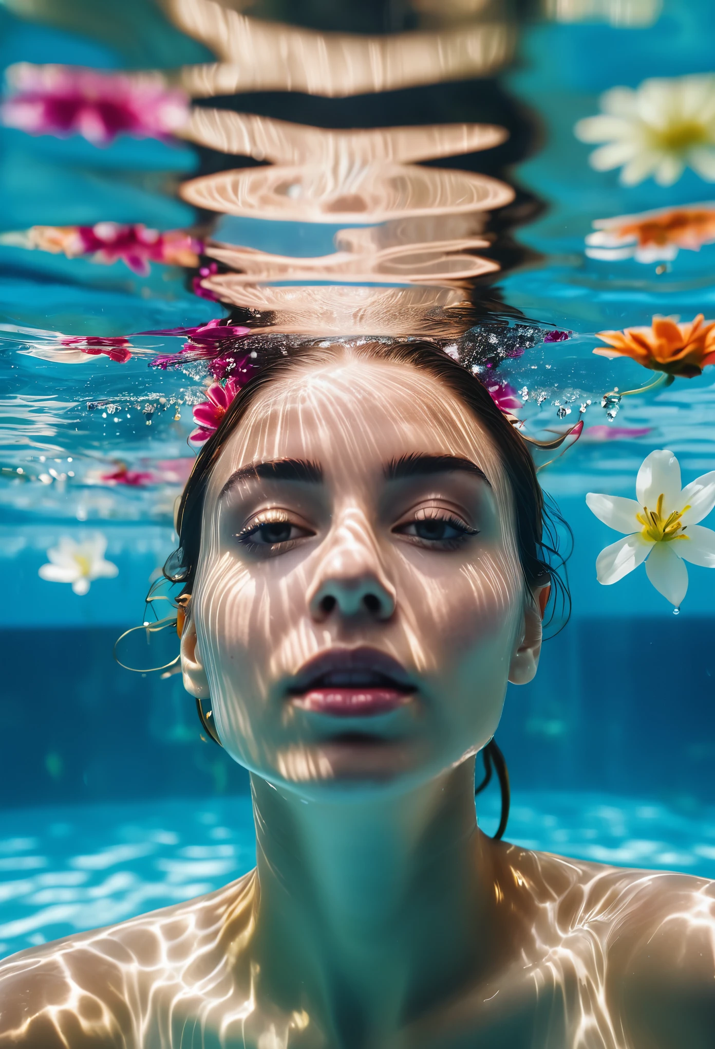 arafed woman with flowers floating in the water in a pool, portrait of a woman underwater, underwater photography, underwater photo, underwater face, floating under water, underwater photograph, 8k artistic portrait photography, floathing underwater in a lake, submerged in water, under water, under water visual distortion, underwater looking up, color photograph portrait 4k, floating in water.photo taken at eye level,DSLR,canon EOS RS,ultra quality,sharp focus,tack sharp, depth of field (dof). Film grain,crystal clear,8k UHD, highly detailed, facial features, high detailed background. Art supplies.