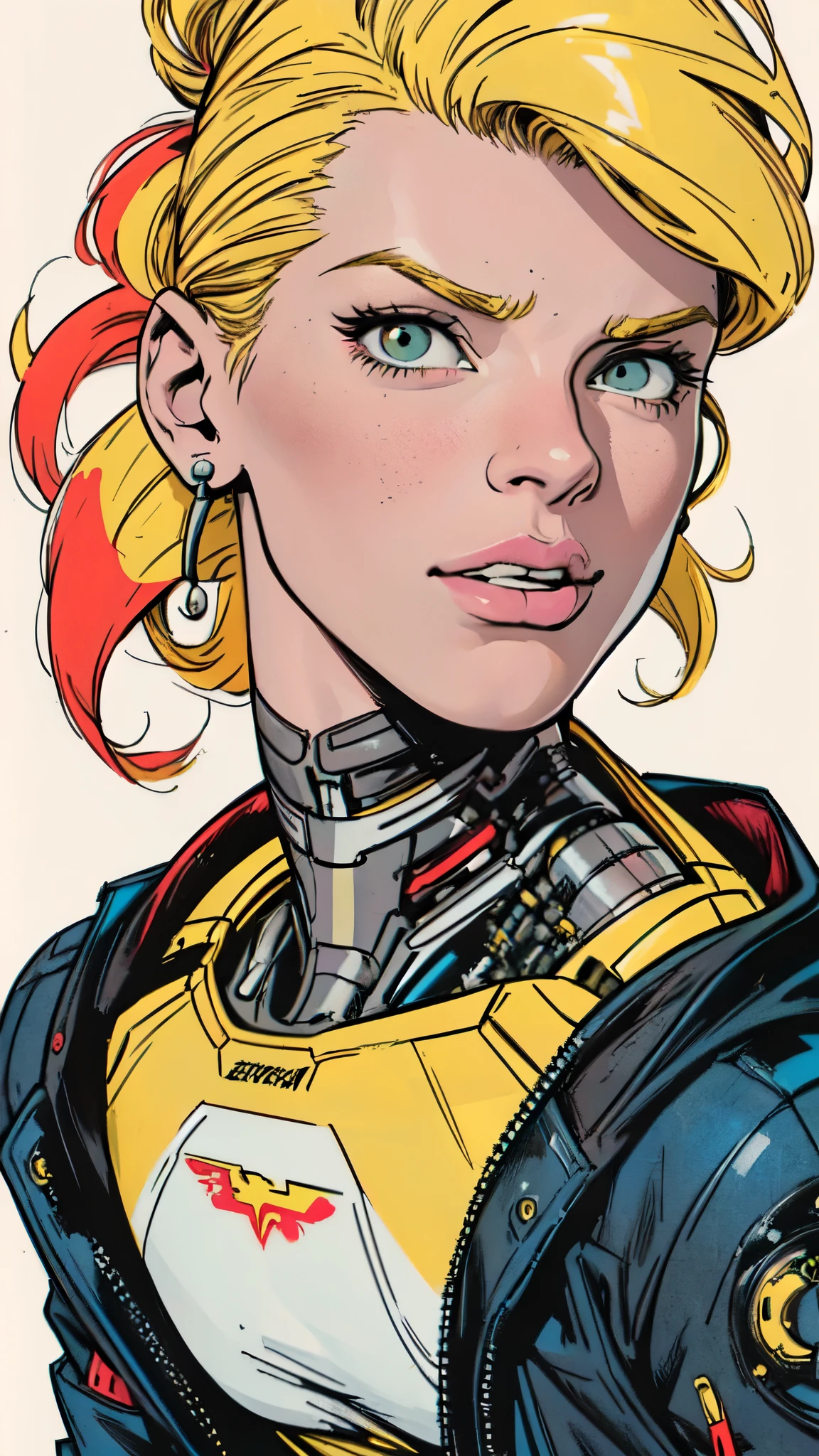 masterpiece,extremely beautiful woman,Excellent sense,(((perfect very white background))),American Comics,(((The Perfect One Woman))),(((one person))),colorful,Highly detailed perfect upper body,highly detailed face,near future,SF,Splatter,cyber punk,((blazing yellow)),cyborg,Very surprised look,