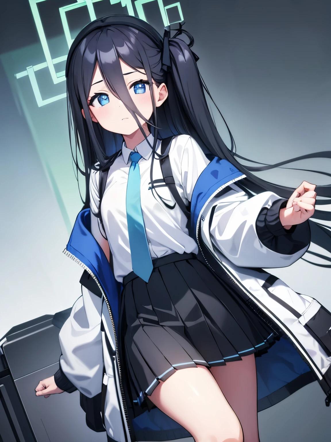 aris, black hair, blue eyes, hair between eyes, halo, long hair, one side up, hair ribbon,, necktie, blue necktie, jacket, skirt, , white shirt, collared shirt, black skirt, white jacket, long sleeves,