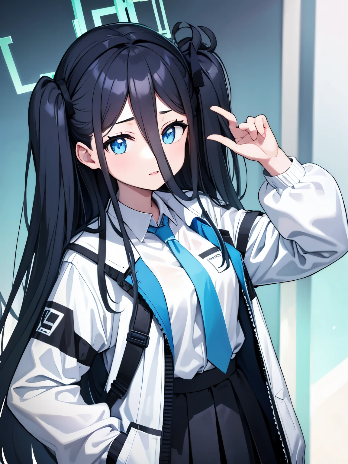 aris, black hair, blue eyes, hair between eyes, halo, long hair, one side up, hair ribbon,, necktie, blue necktie, jacket, skirt, , white shirt, collared shirt, black skirt, white jacket, long sleeves,