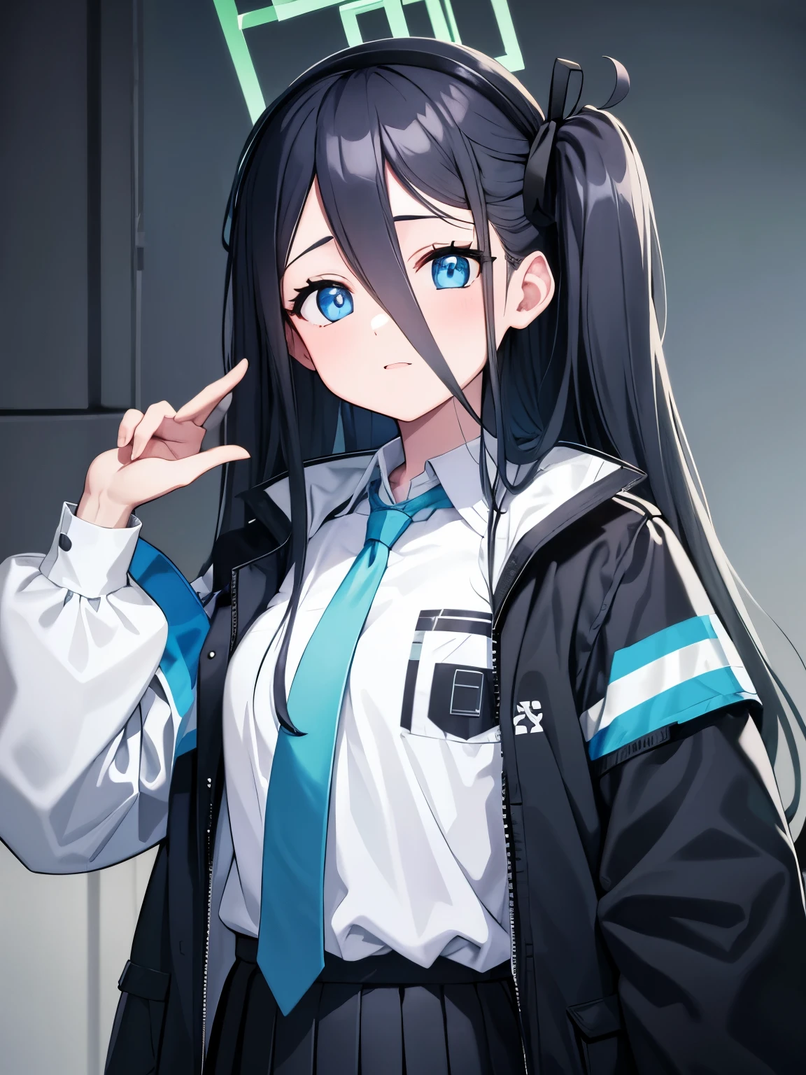 aris, black hair, blue eyes, hair between eyes, halo, long hair, one side up, hair ribbon,, necktie, blue necktie, jacket, skirt, , white shirt, collared shirt, black skirt, white jacket, long sleeves,