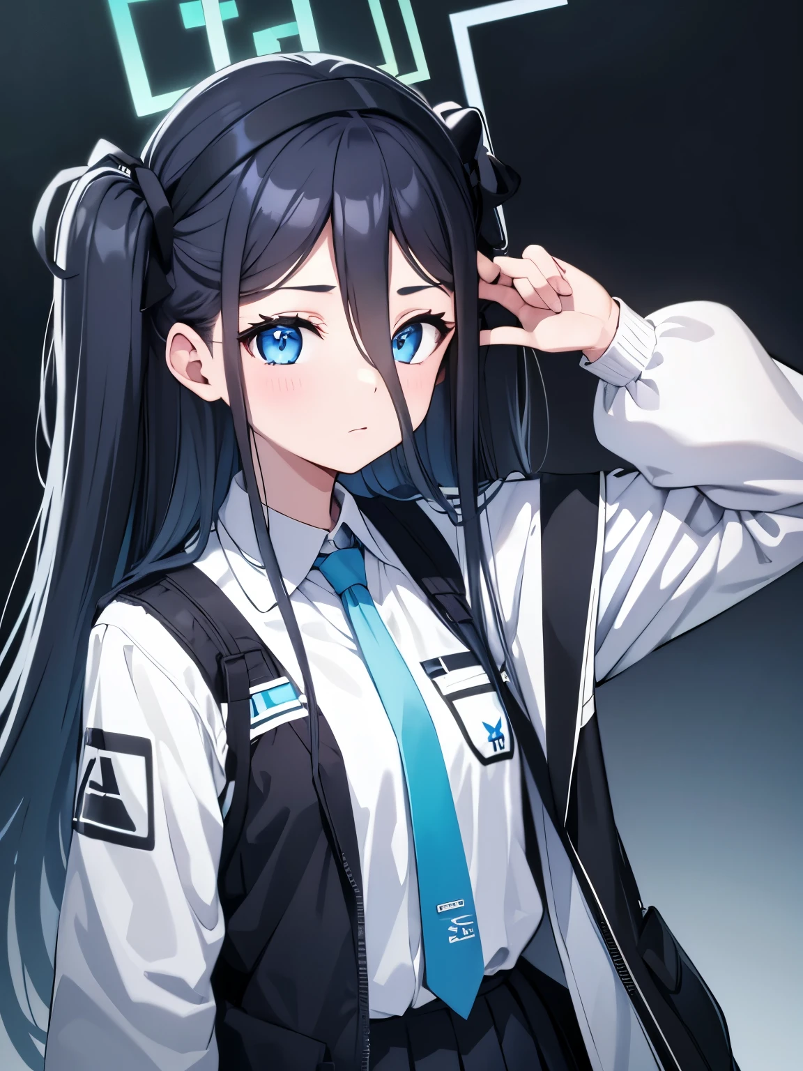 aris, black hair, blue eyes, hair between eyes, halo, long hair, one side up, hair ribbon,, necktie, blue necktie, jacket, skirt, , white shirt, collared shirt, black skirt, white jacket, long sleeves,