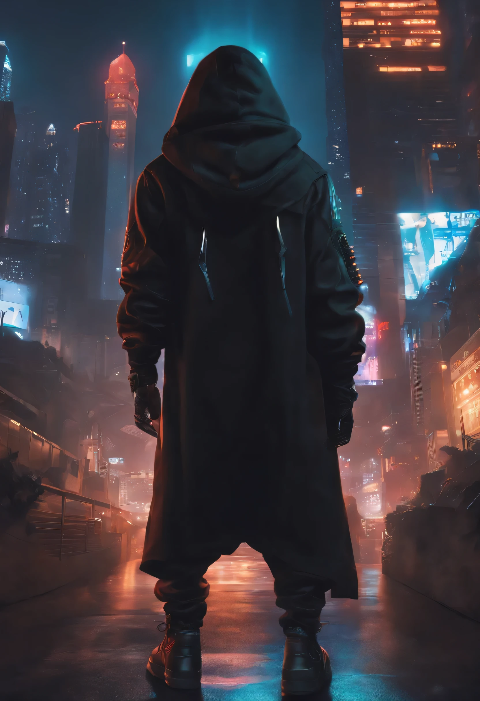 hioshiru, puro, anthro, male, solo, clothing, fur, 2022, black clothing, hoodie, black topwear, lidded eyes, black hoodie, cyberpunk city background,