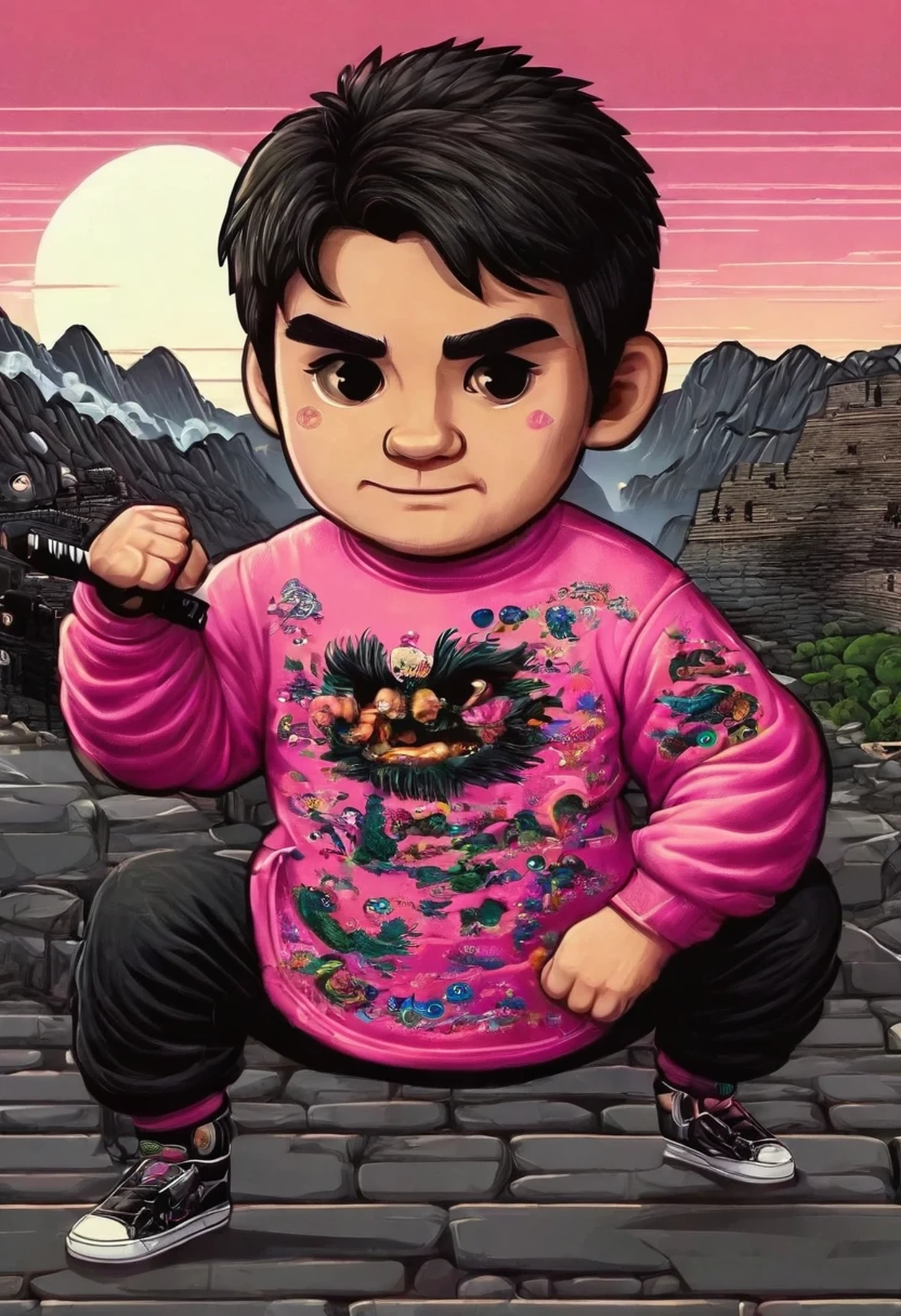 black eyes, pink shirt, black jeans, dark hair, An offended person