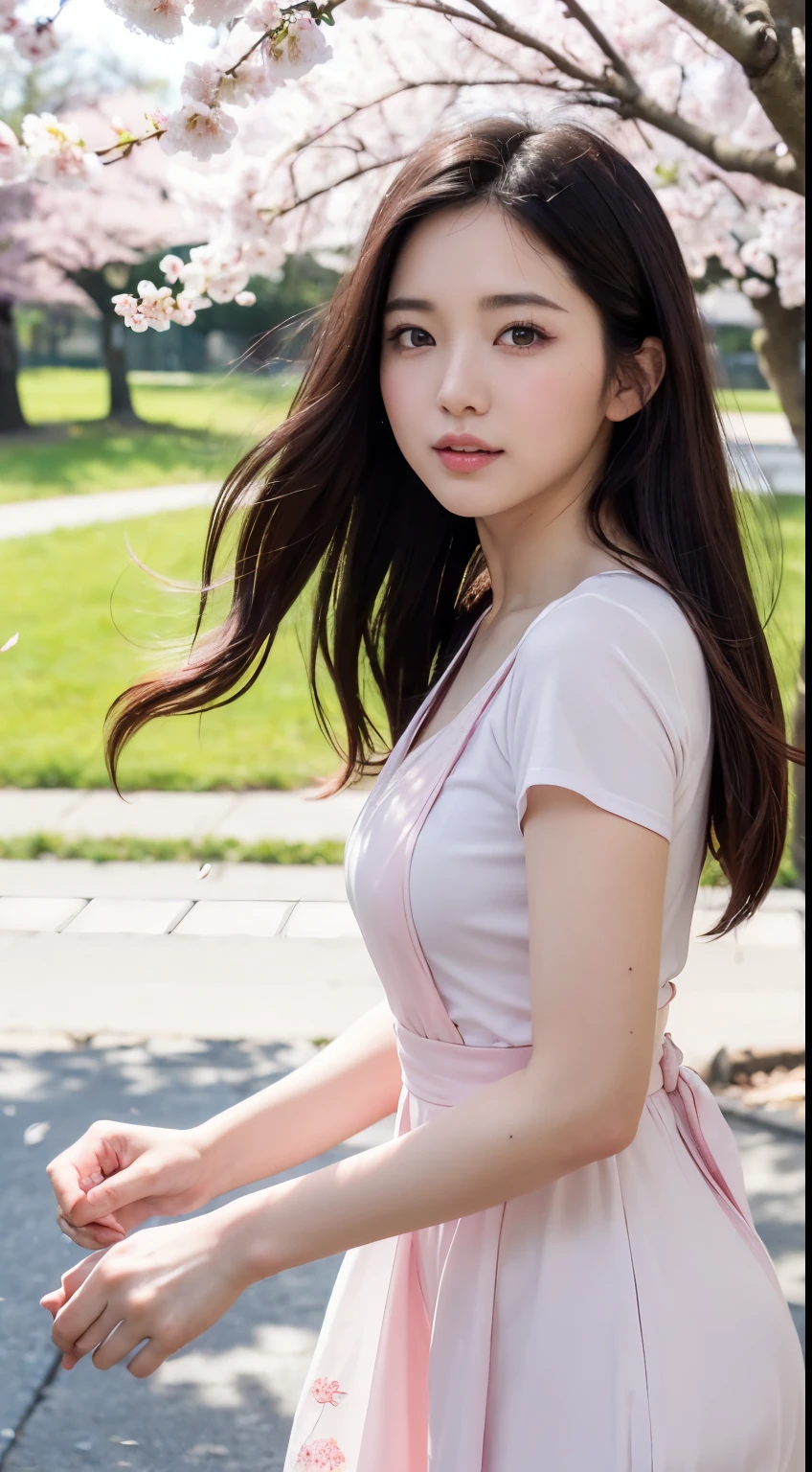 (A logo、masterpiece、8K、masutepiece、Raw photo、Fantastic、Best Quality、Photorealistic and ighly detailed CG integrated 8k wallpaper、hightquality、ighly detailed、epic poem、Particle effect、Dynamic effects、depth of fields、Cinematic Light、Lens Flare、Ray tracing)、Fantasia、 (Beauty 1 person、doress、Dress、Cherry blossom pattern、A dark-haired、Beautiful face、Real Face、beautiful details eyes beautiful skin)、my hair dances in the wind、Hair flutters in the wind、Hair jumps、Pink cherry blossom tree、Petals flutter、Sakura blizzard、Superb view、morning glow、Sun in the background、the wind、