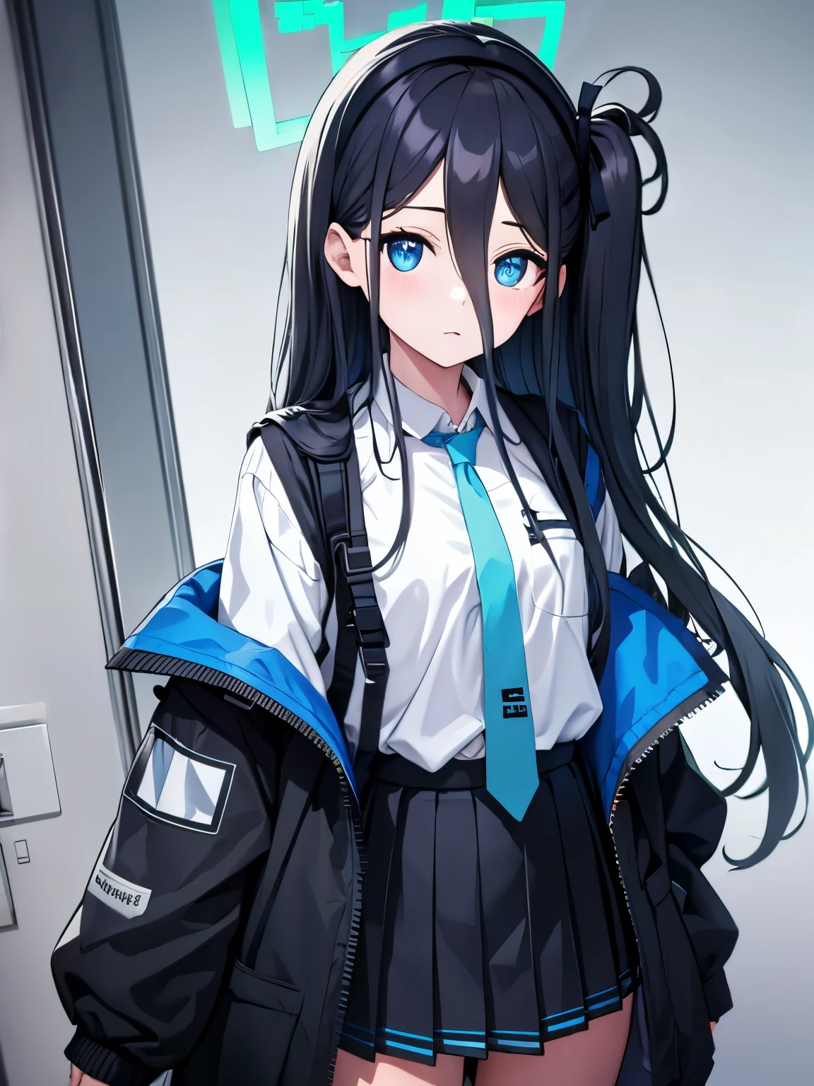 aris, black hair, blue eyes, hair between eyes, halo, long hair, one side up, hair ribbon,, necktie, blue necktie, jacket, skirt, , white shirt, collared shirt, black skirt, white jacket, long sleeves,