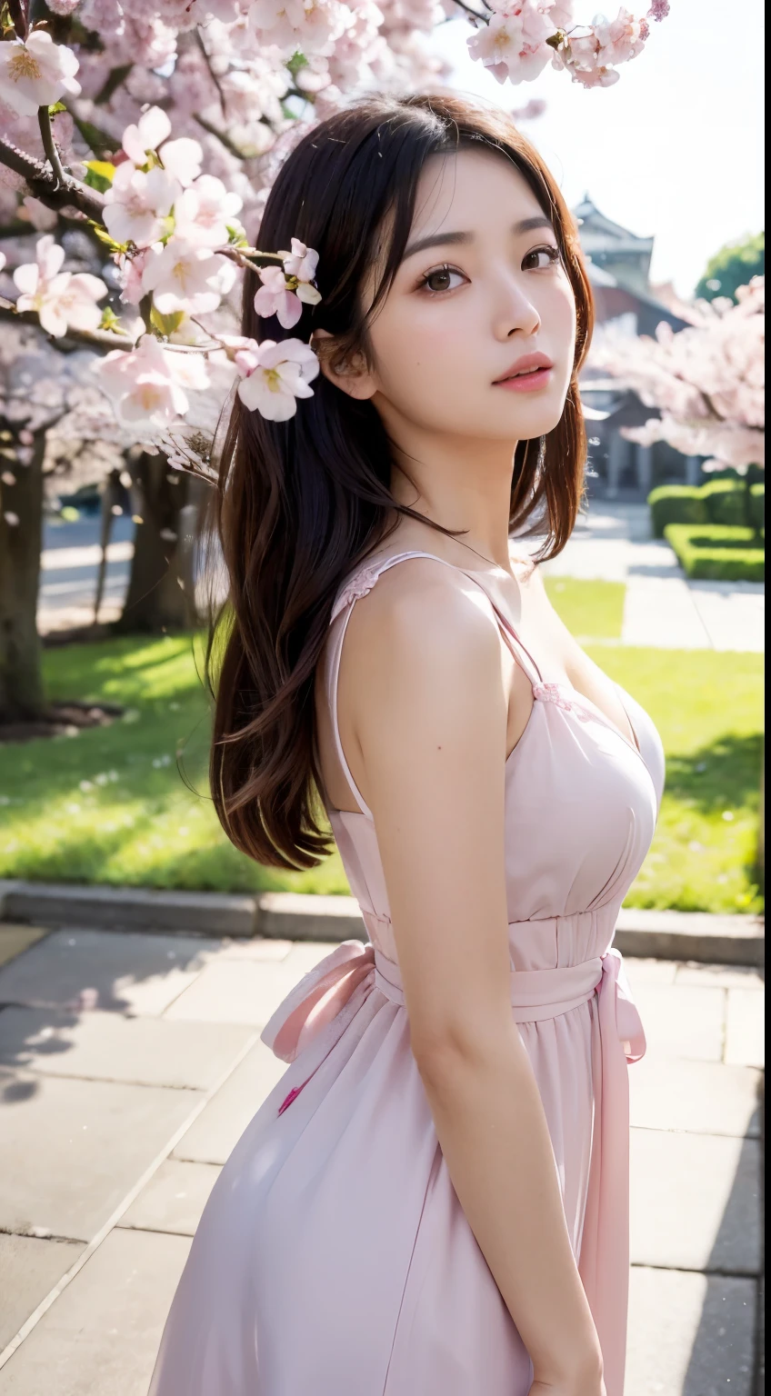 (A logo、masterpiece、8K、masutepiece、Raw photo、Fantastic、Best Quality、Photorealistic and ighly detailed CG integrated 8k wallpaper、hightquality、ighly detailed、epic poem、Particle effect、Dynamic effects、depth of fields、Cinematic Light、Lens Flare、Ray tracing)、Fantasia、 (Beauty 1 person、doress、Dress、Cherry blossom pattern、A dark-haired、Beautiful face、Real Face、beautiful details eyes beautiful skin)、my hair dances in the wind、Hair flutters in the wind、Hair jumps、Pink cherry blossom tree、Petals flutter、Sakura blizzard、Superb view、morning glow、Sun in the background、the wind、