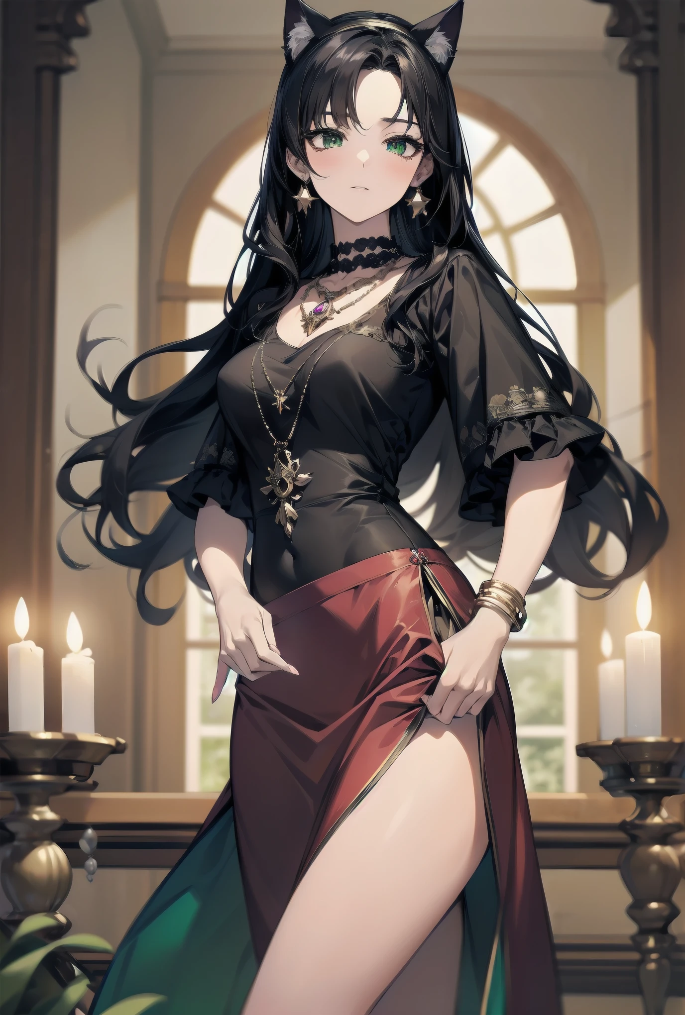 (female): solo, (perfect face), (detailed outfit), (20 years old), fortune teller, (cat ears), mysterious, (mysterious expression), (fortune telling), black hair, long hair, wavy hair, green eyes, pale skin, medium chest_circumference, gypsy top, long skirt, gemstone earrings, gemstone necklace, gemstone bracelet
(background): from front, indoor, fortune telling house, candle, star decorations, evening, clear
(effects): (masterpiece), (best quality), (sharp focus), (depth of field), (high res)