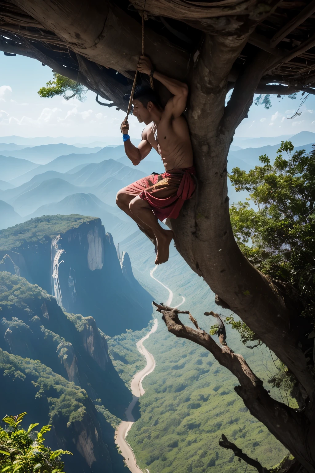 A 45-year-old Indonesian man, dressed in a sarong, clung tightly to the branch of a massive tree that jutted out from the edge of a towering cliff. The man's face contorted in fear as he dangled precariously in the thin air, hundreds of feet above the rocky terrain below. The dynamic play of light and shadow across his weathered features added depth and intensity to the scene, enhancing the hyper-realistic rendering.
The composition of the image was cinematic, with the man's figure framed against the vast expanse of the sky and the equally vast drop below. The 4D effect heightened the sense of immersion