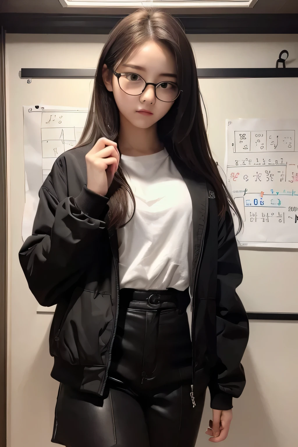 masterpiece, highly detailed, perfect proportions, 1 girl, wearing glasses, medium length hair, high schooler, short, likes math, wearing a jacket