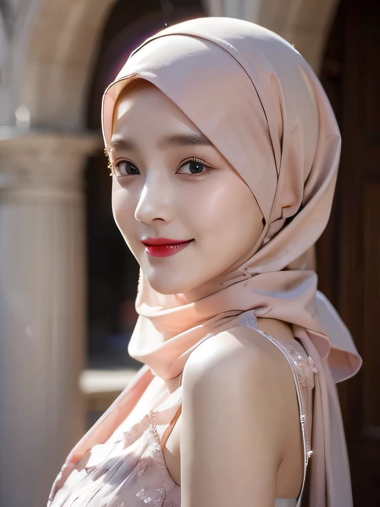 [Raw Photo :1.2], Photorealistic, Best Quality, [masterpiece:1.6], Fine Detail, Dynamic Lighting, Ray Tracing, 1 beautiful hijab girl, background center of a large palace, open space with a marble architecture, beautiful dress muslim, intricate patterns and chiffon, color outfits is light pink, headscarf, elegant pose, indicating fair weather, medium body photo, beautiful body, very fine face, very fine eyes, very detailed face, perfect lighting, very beautiful, clear focus, elegant smile, eyes looking to camera