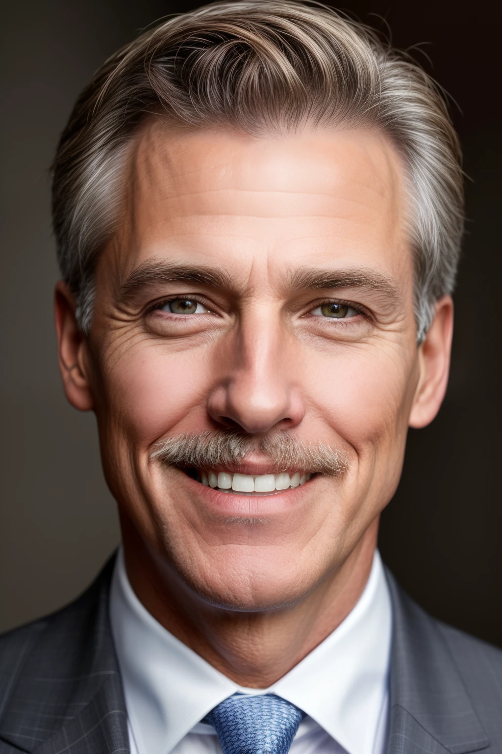 A 60-year-old handsome white man, exuding charm and wisdom, dons a well-tailored suit for a passport-style image. His contagious smile, reaching from ear to ear, reveals aFull head visibility. A clean-shaven face accentuates his sharp features. Thinning brown hair, a subtle sign of aging, is visible on the top of his head. His bright and warm brown eyes reflect a sense of kindness and intelligence. This highly detailed, realistic photograph boasts an aspect ratio of 1128:191, resulting in a captivating and true-to-life representation of the man's timeless beauty. (Canon EOS R