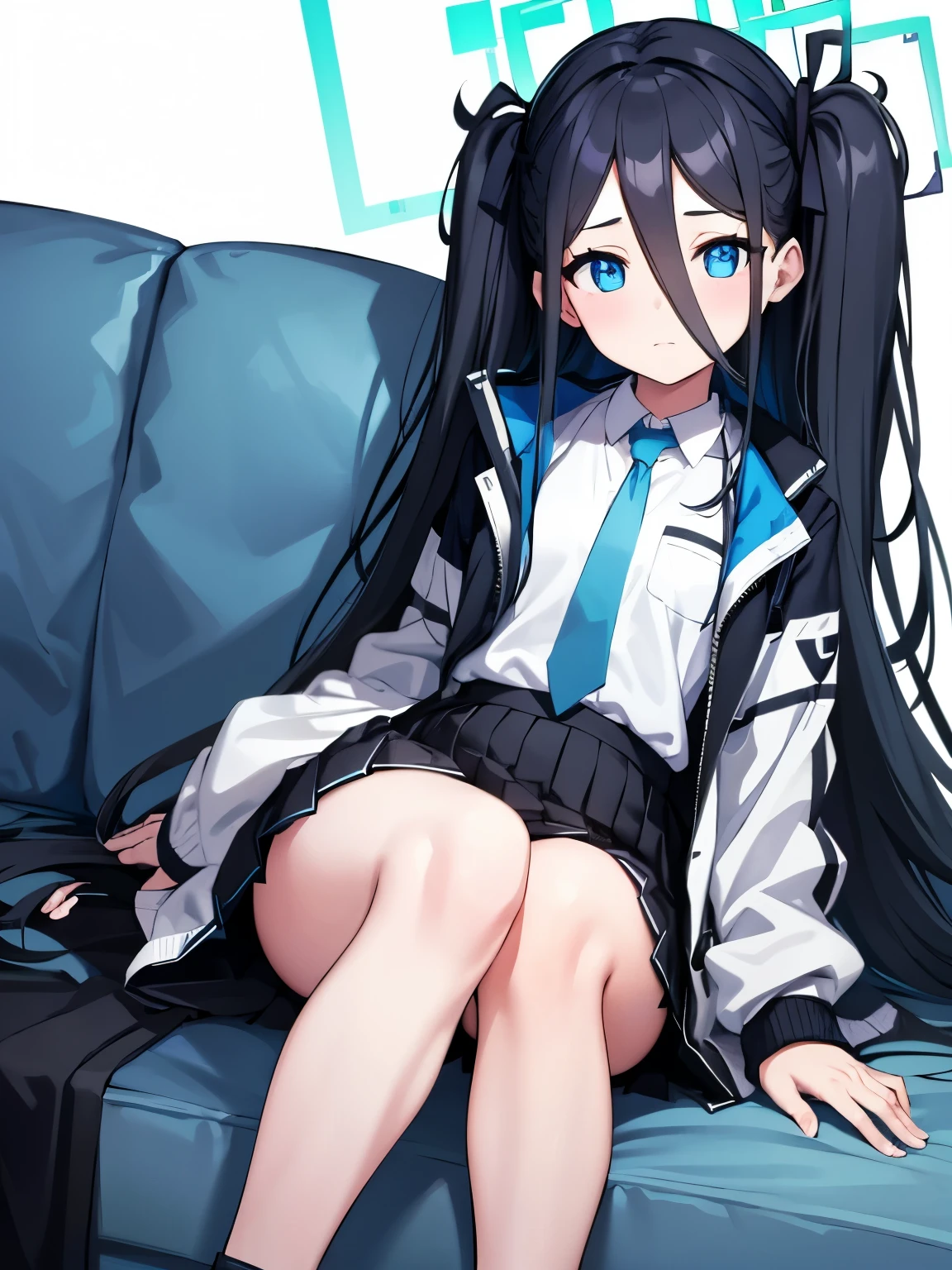 aris, black hair, blue eyes, hair between eyes, halo, long hair, one side up, hair ribbon,, necktie, blue necktie, jacket, skirt, , white shirt, collared shirt, black skirt, white jacket, long sleeves,