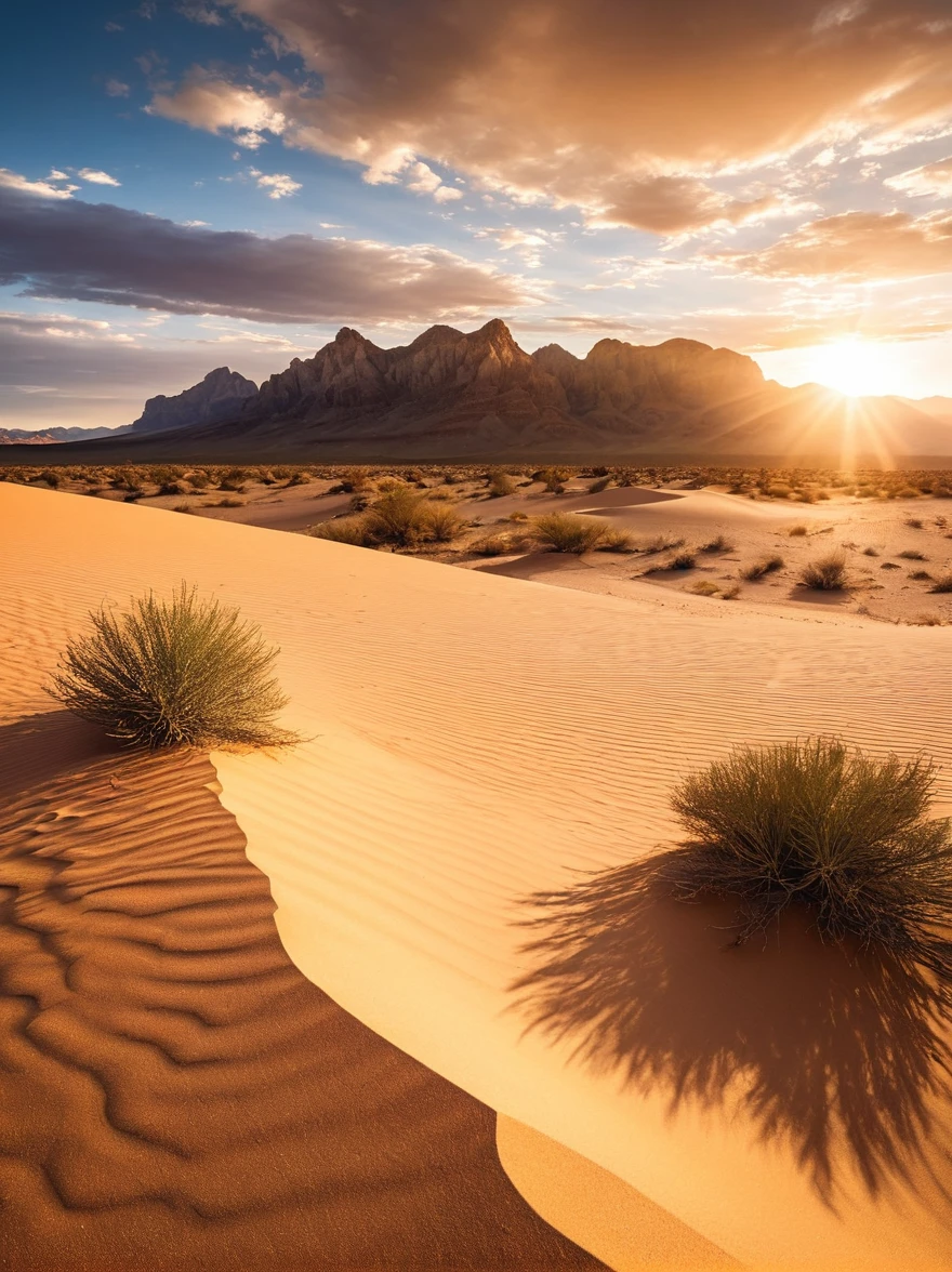 A wide-angle shot of a majestic desert landscape under a clear sky, featuring rugged mountains in the distance and a setting sun, creating a serene and vast atmosphere. The sandy desert terrain is highlighted by the warm sunlight, with scattered clouds adding drama to the scene. The scene is beautifully tranquil with a sense of grandeur.