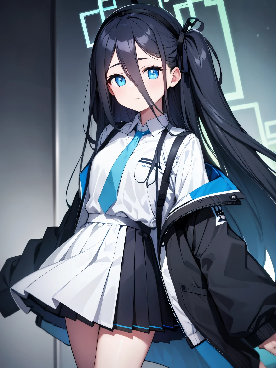 aris, black hair, blue eyes, hair between eyes, halo, long hair, one side up, hair ribbon,, necktie, blue necktie, jacket, skirt, , white shirt, collared shirt, black skirt, white jacket, long sleeves,