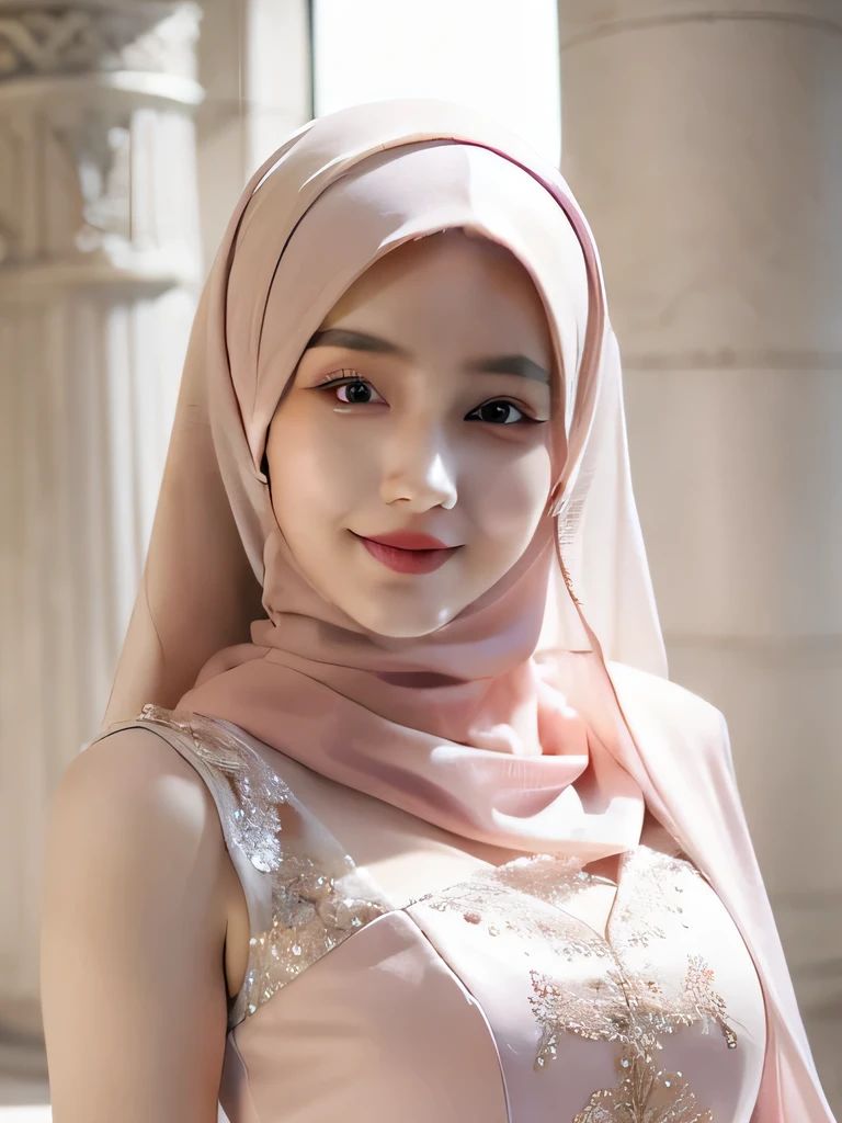 [Raw Photo :1.2], Photorealistic, Best Quality, [masterpiece:1.6], Fine Detail, Dynamic Lighting, Ray Tracing, 1 beautiful hijab girl, background center of a large palace, open space with a marble architecture, beautiful dress muslim, intricate patterns and chiffon, color outfits is light pink, headscarf, elegant pose, indicating fair weather, upper body photo, beautiful body, very fine face, very fine eyes, very detailed face, perfect lighting, very beautiful, clear focus, elegant smile, eyes looking to camera