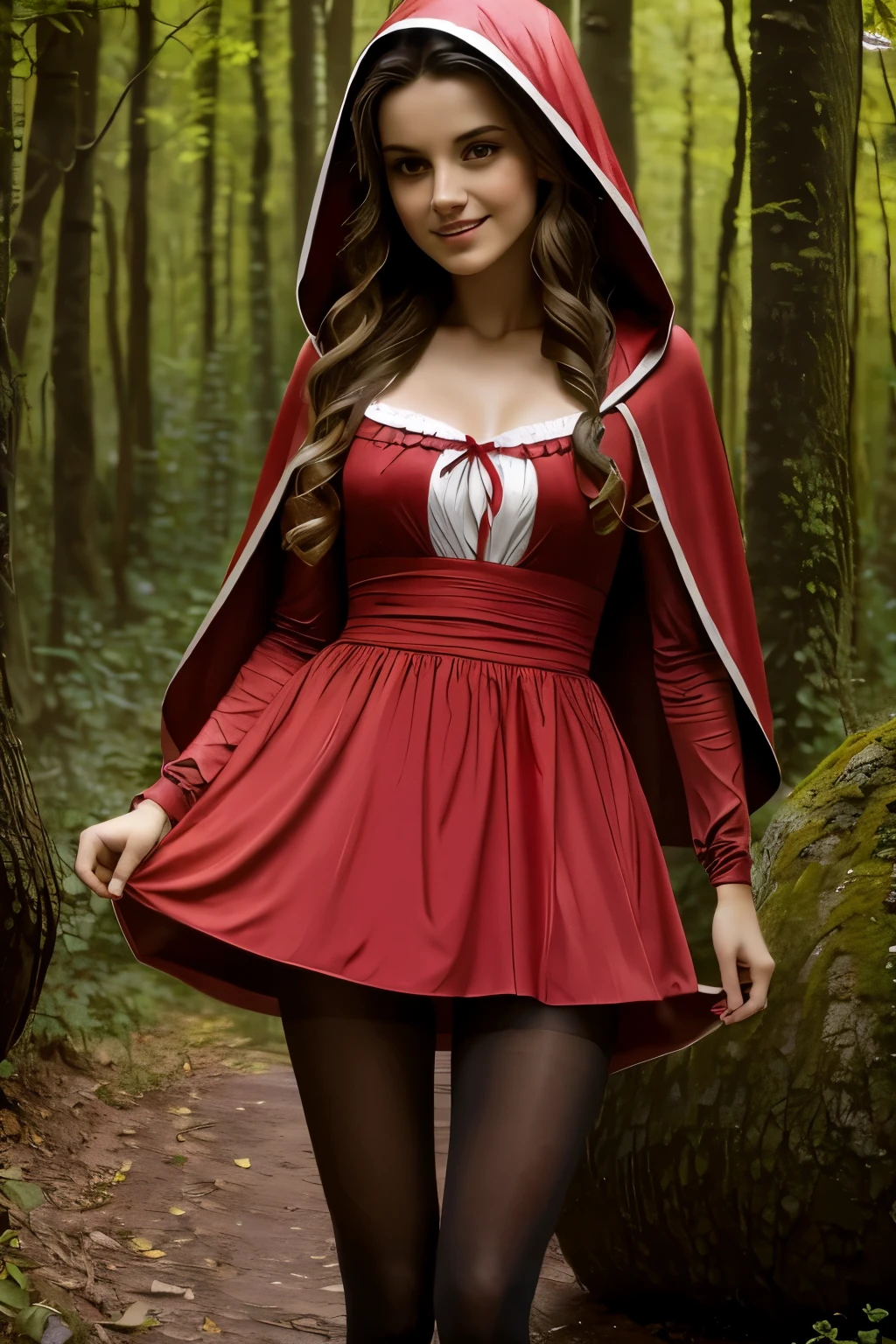 tags: little red riding hood, girl, forest, wolf, red cape, path, basket, flowers, sunlight, mysterious, fairytale, oil painting, vivid colors, soft lighting