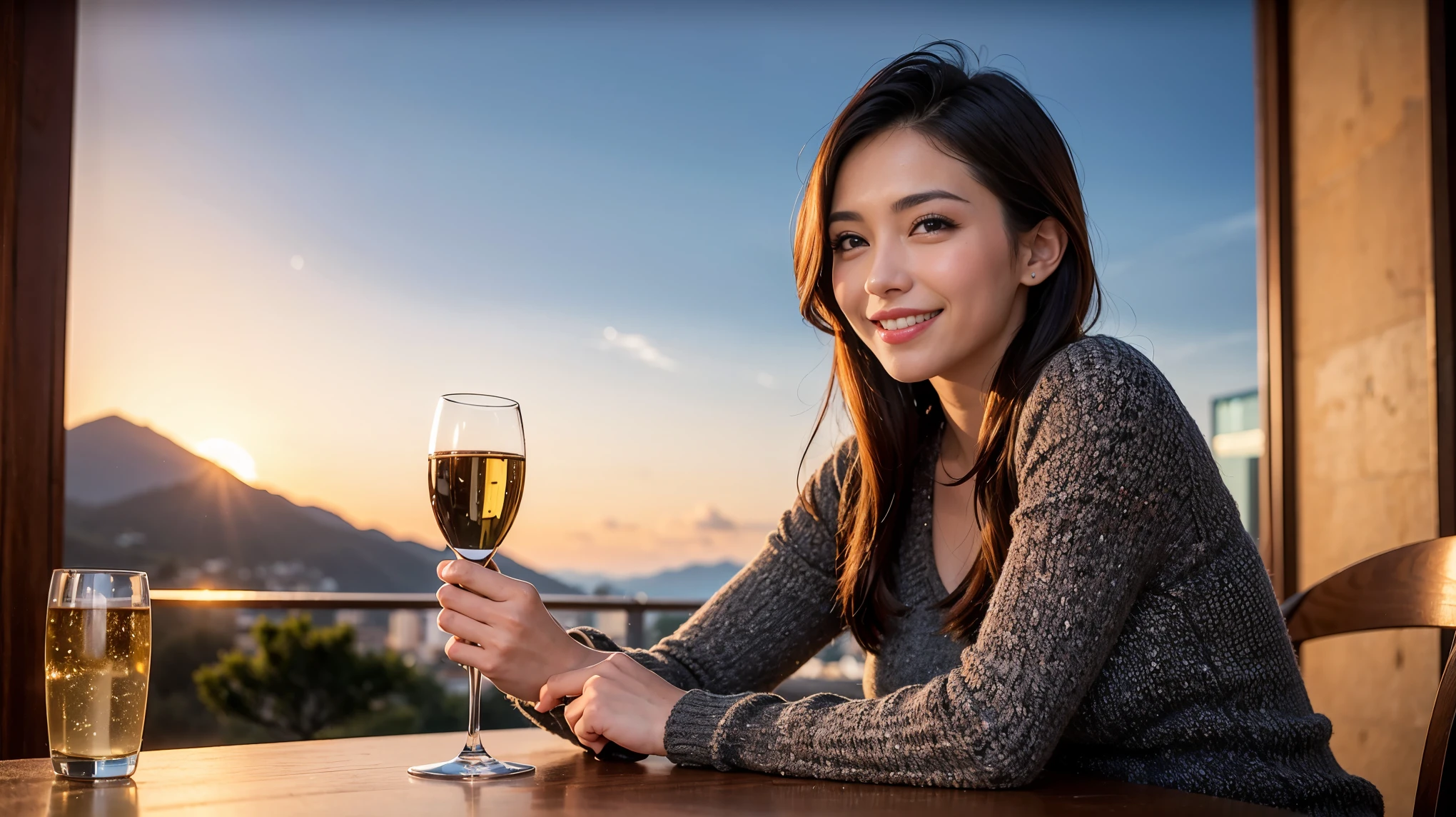 K, Hmm, highest quality, masterpiece: 1.2), (realistic, photorealistic: 1.37), Spectacular view of the sunset sky and clouds、Amazing mountain views、美しいsmile、3 slim beauties, (slim face),Happy、 the best smile、Fox face、Berry Short、(because I'thin), (brown hair), (shortcut), long sleeve shirt、winter fashion、Colombian、Brazilian、Japanese、Dutch、German、Portuguese、Belgian、Italian、French,Champagne、sparKling wine、 (gush out), (slim body), (brown hair), (shortcut), neat beauty、cheeKs turn a little red, (42 years old), 38 years old, alone, A beautiful and detailed night view spreads out outside the window...., restaurant, wine glass is sitting, At night, in a prominent place (from the Upper body) nova frog style, actress, model, Upper body, White wine, slim, wine glass, Very beautiful night view, wine glass Put in the Middle, Happy smile, (smile: 1.15),