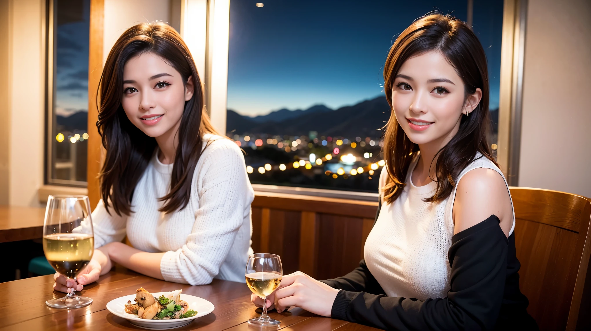 K, Hmm, highest quality, masterpiece: 1.2), (realistic, photorealistic: 1.37), Spectacular view of the sunset sky and clouds、Amazing mountain views、美しいsmile、3 slim beauties, (slim face),Happy、 the best smile、Fox face、Berry Short、(because I'thin), (brown hair), (shortcut), long sleeve shirt、winter fashion、Colombian、Brazilian、Japanese、Dutch、German、Portuguese、Belgian、Italian、French,Champagne、sparKling wine、 (gush out), (slim body), (brown hair), (shortcut), neat beauty、cheeKs turn a little red, (42 years old), 38 years old, alone, A beautiful and detailed night view spreads out outside the window...., restaurant, wine glass is sitting, At night, in a prominent place (from the Upper body) nova frog style, actress, model, Upper body, White wine, slim, wine glass, Very beautiful night view, wine glass Put in the Middle, Happy smile, (smile: 1.15),