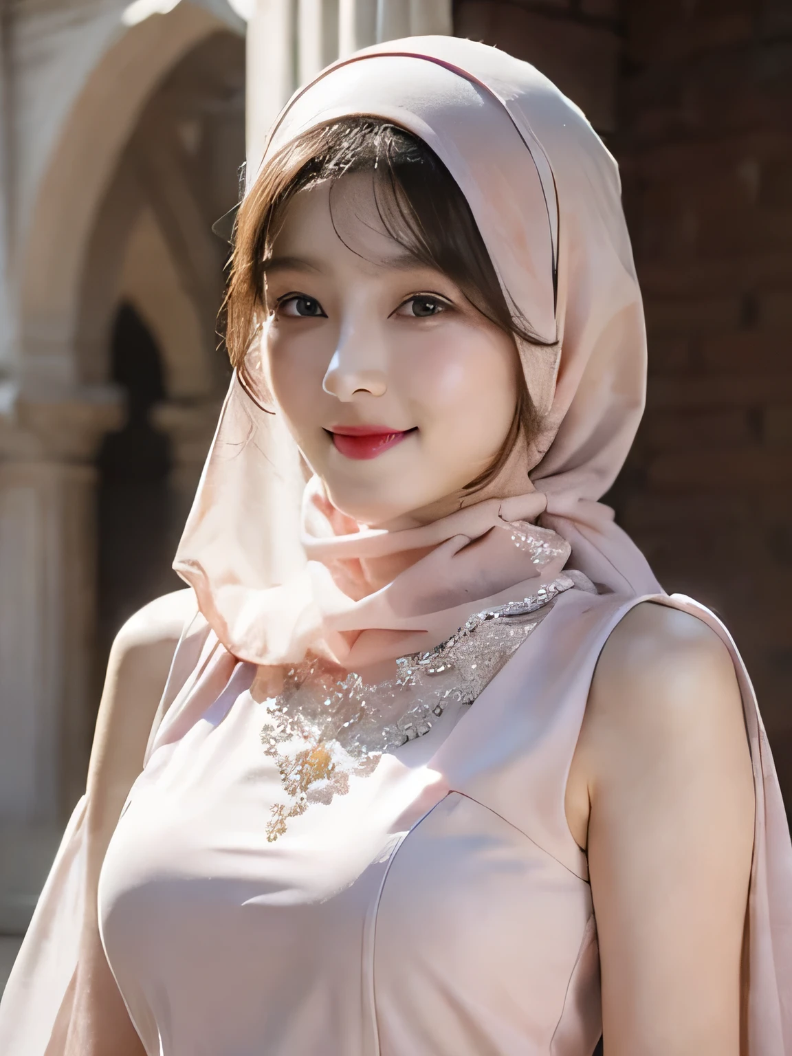 [Raw Photo :1.2], Photorealistic, Best Quality, [masterpiece:1.6], Fine Detail, Dynamic Lighting, Ray Tracing, 1 beautiful hijab girl, background center of a large palace, open space with a marble architecture, beautiful dress muslim, intricate patterns and chiffon, color outfits is light pink, headscarf, elegant pose, indicating fair weather, upper body photo, beautiful body, very fine face, very fine eyes, very detailed face, perfect lighting, very beautiful, clear focus, elegant smile, eyes looking to camera