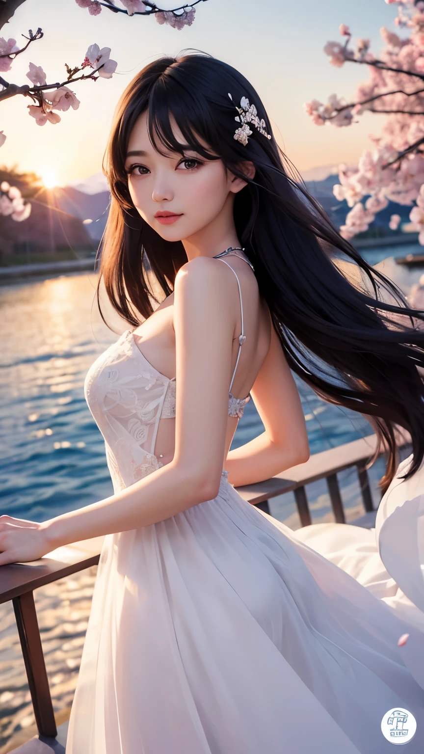 (logo、masterpiece、8K、table top、Raw photo、wonderful、最high quality、フォトリアリスティックでvery detailedな CG 統合 8k 壁紙、high quality、very detailed、narrative poem、particle effects、dynamic effects、Depth of the bounds written、cinematic light、Lens flare、ray tracing)、fantasy、 (1 beautiful woman、dress、dress、cherry blossom pattern、black haired、beautiful face、real face、beautiful details eyes beautiful skin)、髪がWindで踊る、Hair flutters in Wind、hair bounces、pink cherry tree、petals dance、SakuraFubuki、Spectacular view、sunrise、sun on background、Wind、