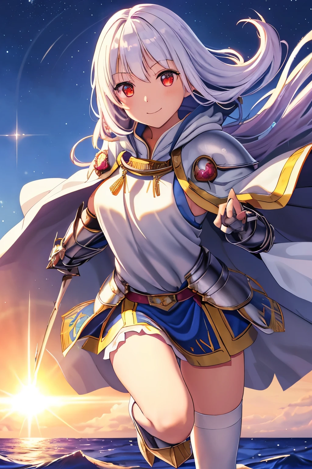 black long hair、Beautiful girl warrior with twin tails,fantasy,Has a big shield High resolution, 19,  original, (waist sheath:1.3), smile, (white knight wizard chief cloak:1.55), medium breasts, view viewer, bangs ,hazel eye detail, beautiful background, ((Morning sun,Beautiful girl warrior running on the sea)), put your hand on your chest, (Platinum Night Wizard Full Armor:1.55), Are standing,straight,  white stockings,(Avec:1.4),