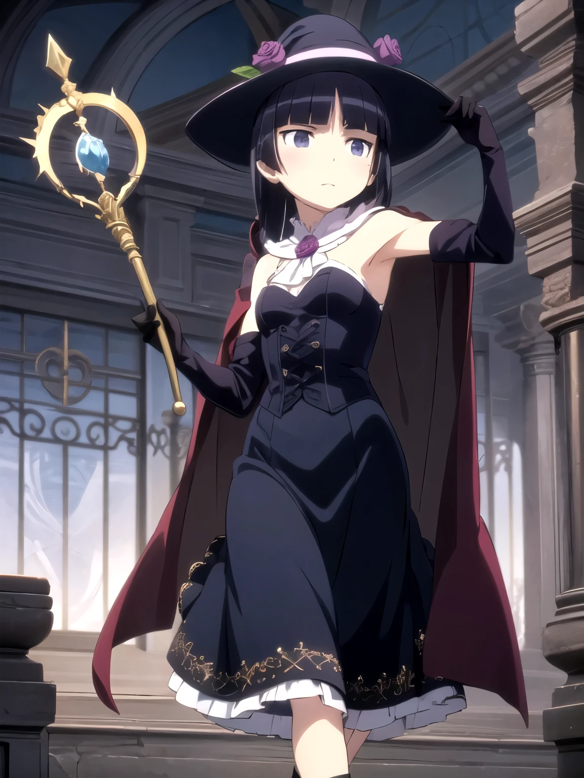 (masterpiece, highest quality:1.1), magician , 1 girl, alone, witch hat, gloves, dress, medium breasts, black costume、((long skirt))、boots, cape, staff, black socks, witch, ((ruri gokou)), anime style,