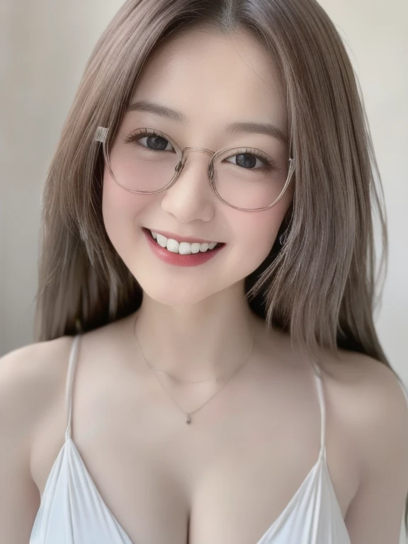 (realistic、masterpiece、Best Quality、8K、highres、high resolution:1.3)、1 glasses girl、Huge breasts、smile, white bikini、pale white skin、looking at viewers、super fine face and eyes、long hair、indoor、 upper body、